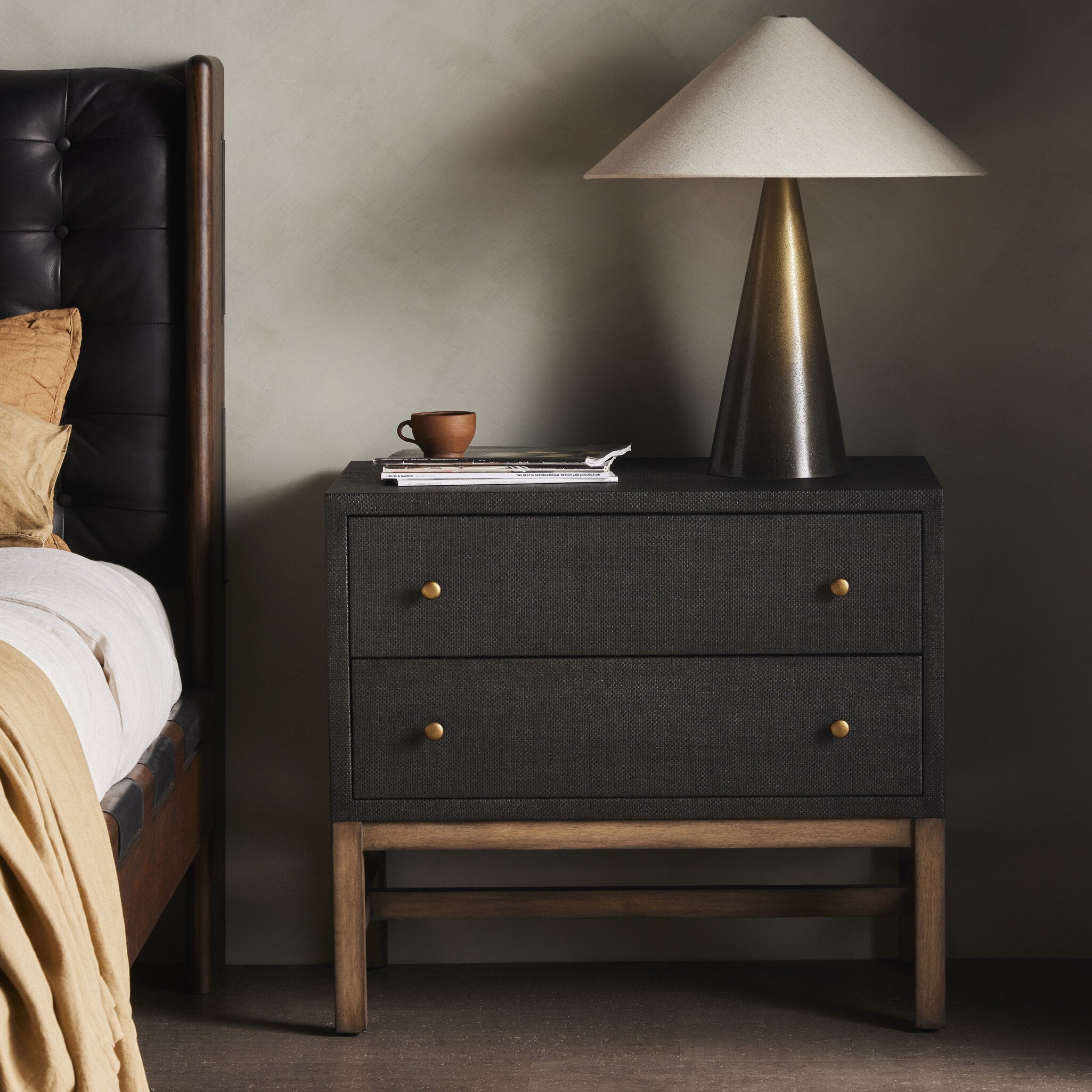 Four Hands Fiona Nightstand — Black Raffia-Russet Mahogany-Light Antique Brass