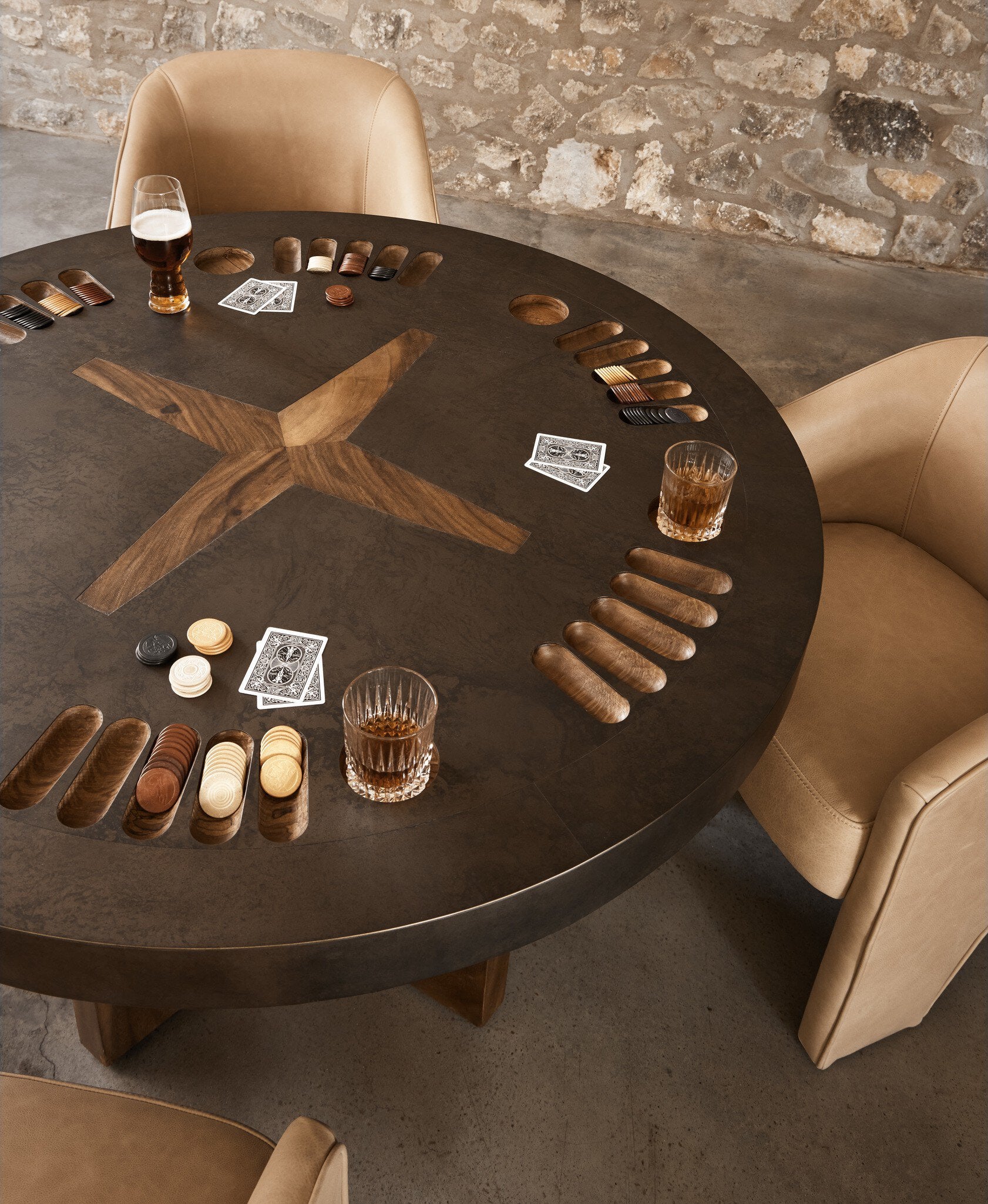 Four Hands Poker Table — Natural Brown Guanacaste-Aged Metal