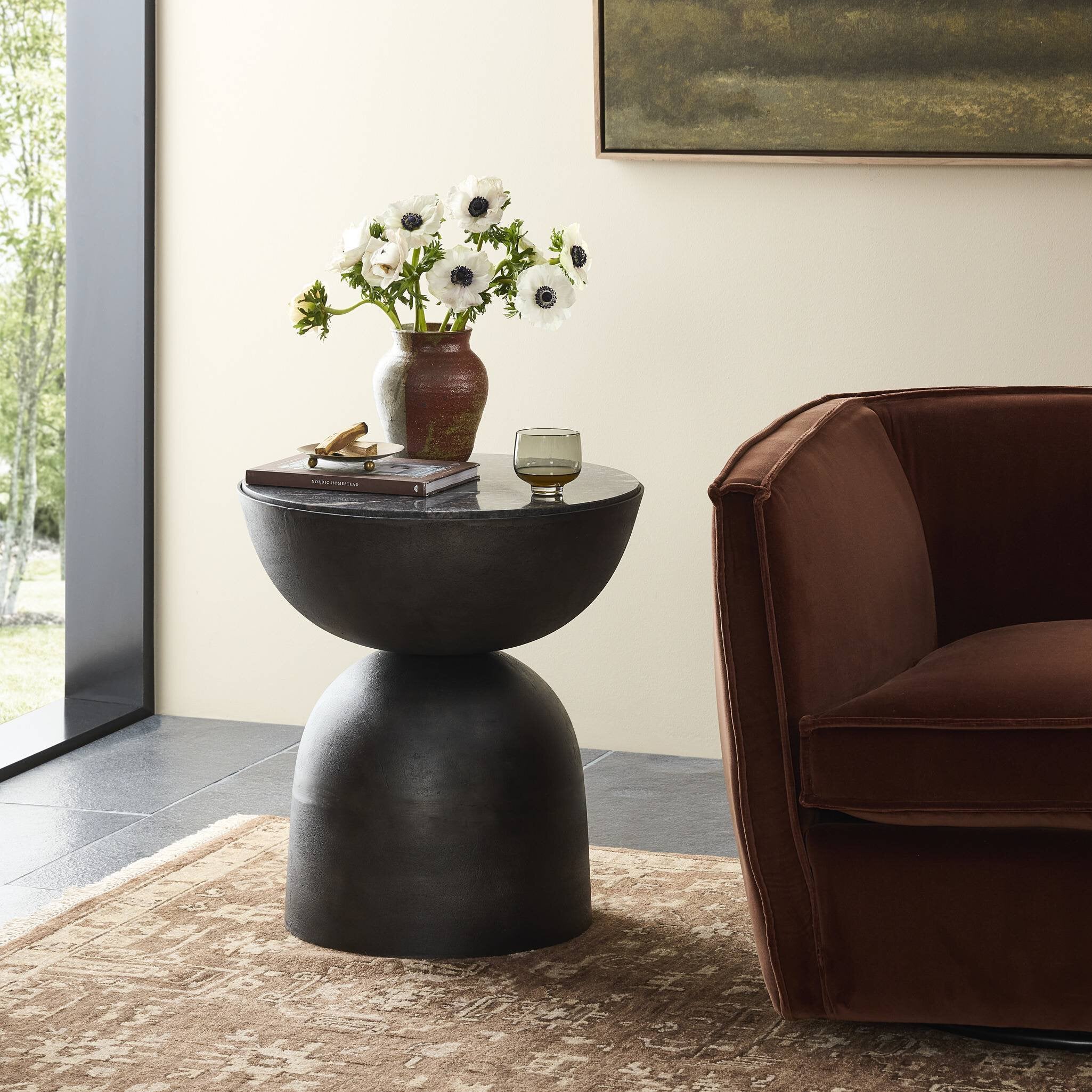 Four Hands Corbett End Table — Polished Black Marble-Hammered Grey