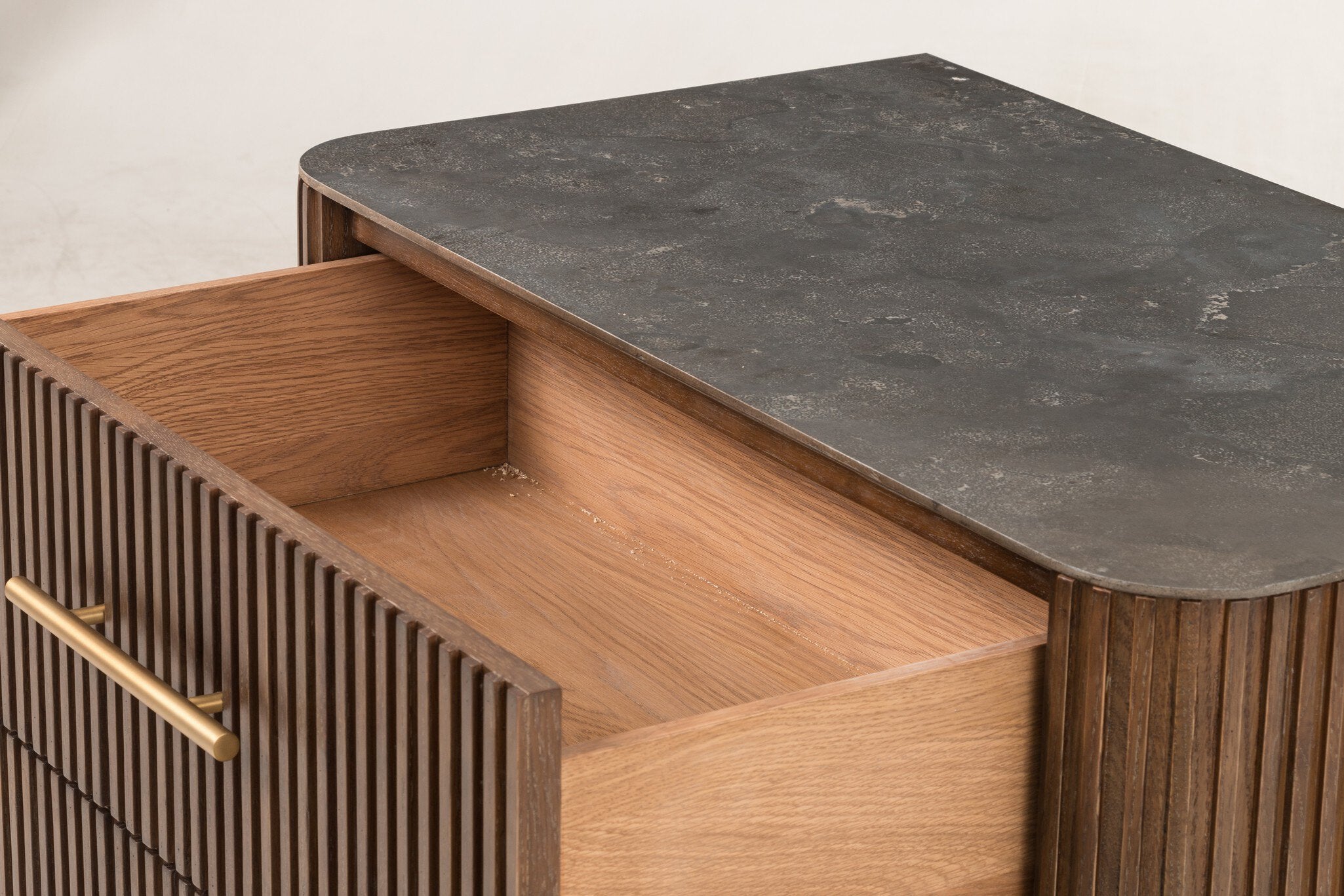 Four Hands Fletcher Large Nightstand — Terra Brown Oak-Bluestone-Brushed Gunmetal