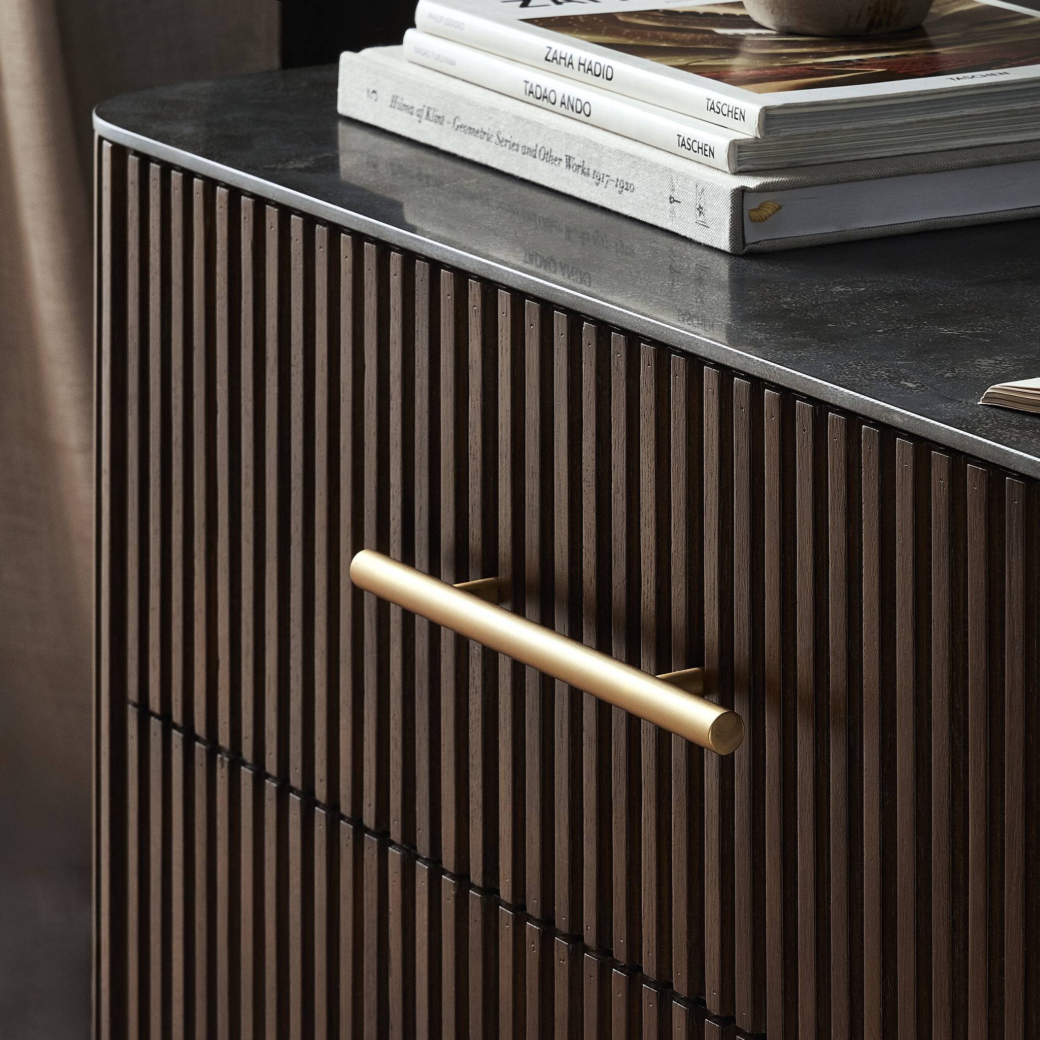 Four Hands Fletcher Large Nightstand — Terra Brown Oak-Bluestone-Brushed Gunmetal