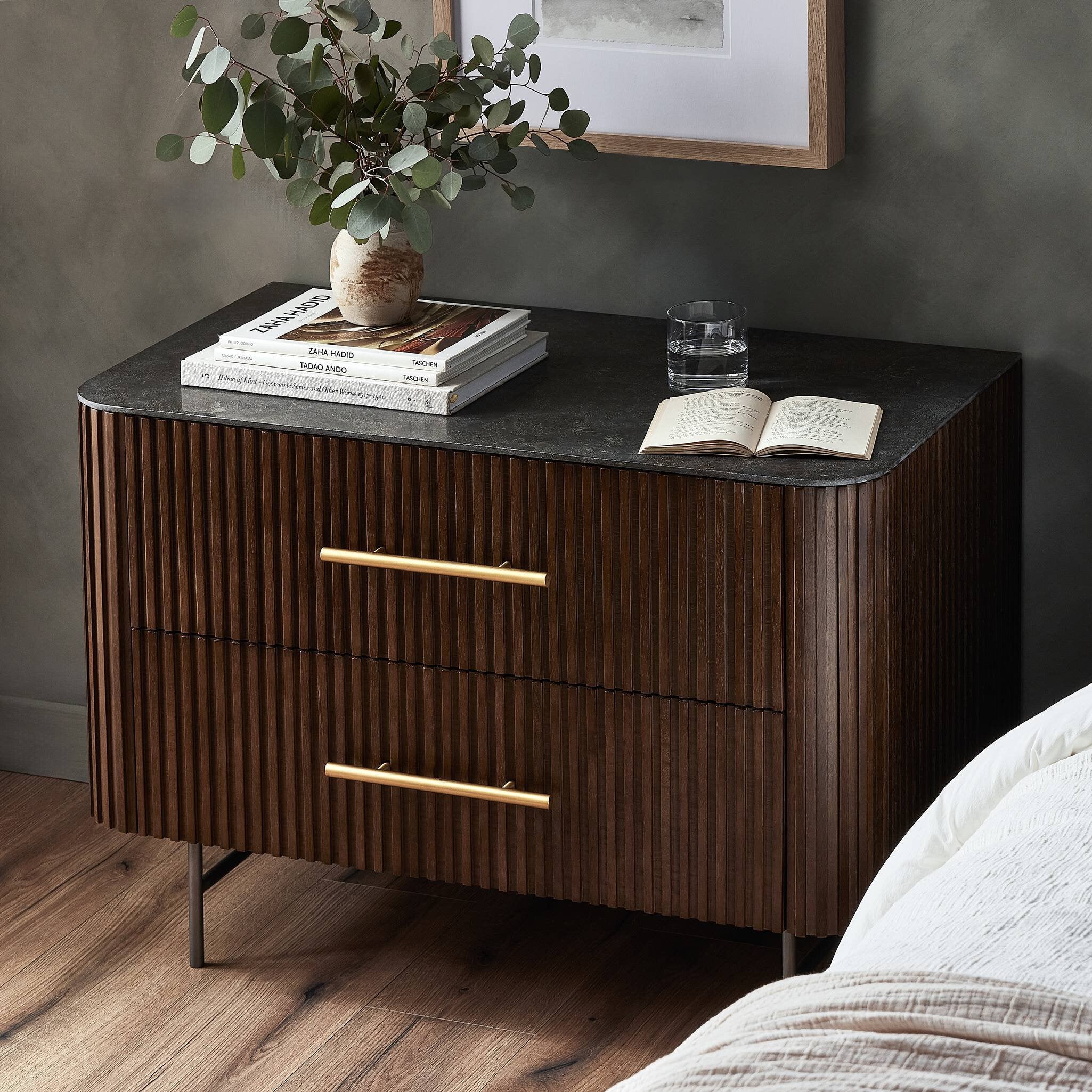 Four Hands Fletcher Large Nightstand — Terra Brown Oak-Bluestone-Brushed Gunmetal