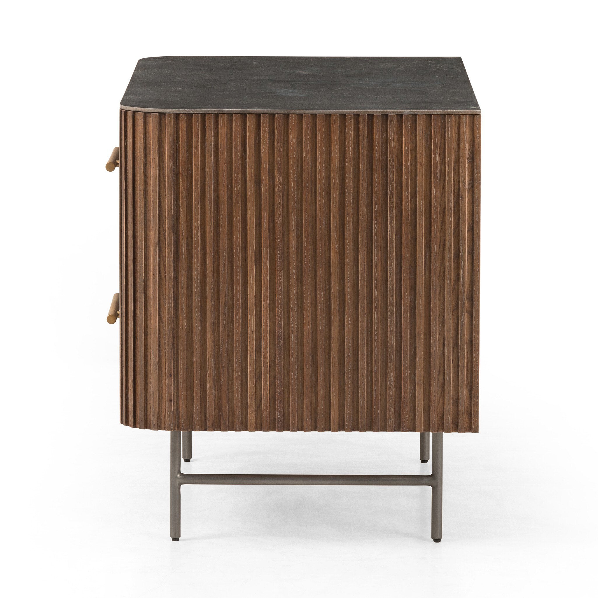 Four Hands Fletcher Large Nightstand — Terra Brown Oak-Bluestone-Brushed Gunmetal