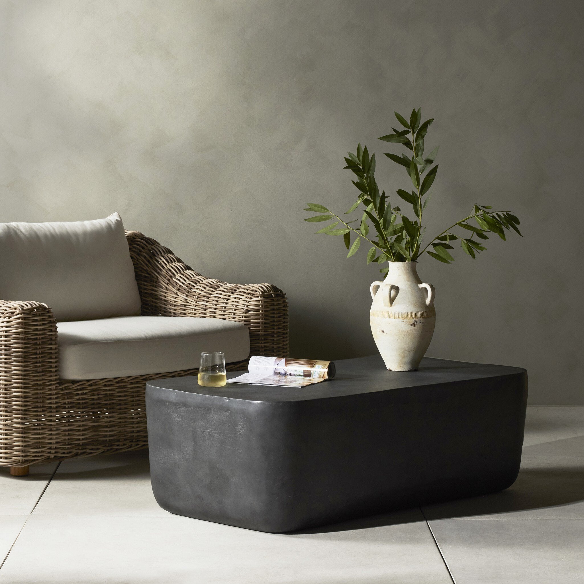 Four Hands Basil Outdoor Rectangular Coffee Table — Aged Grey