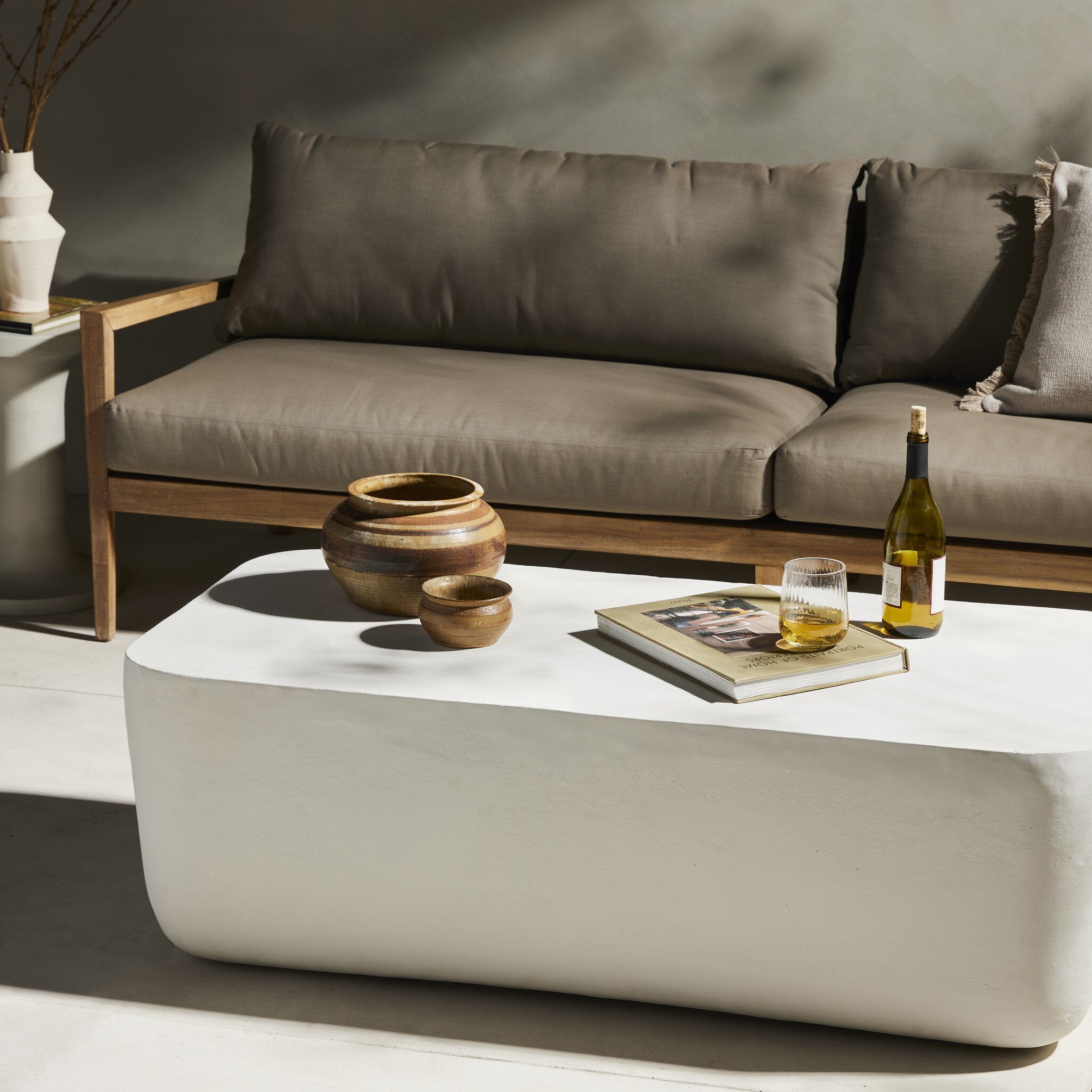Four Hands Basil Outdoor Rectangular Coffee Table — Matte White Cast Aluminum