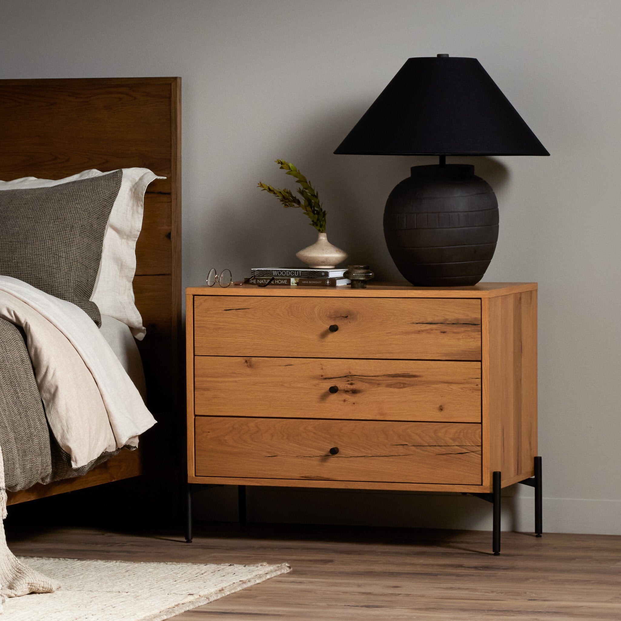 Four Hands Eaton Large Nightstand — Light Oak Resin-Dark Gunmetal