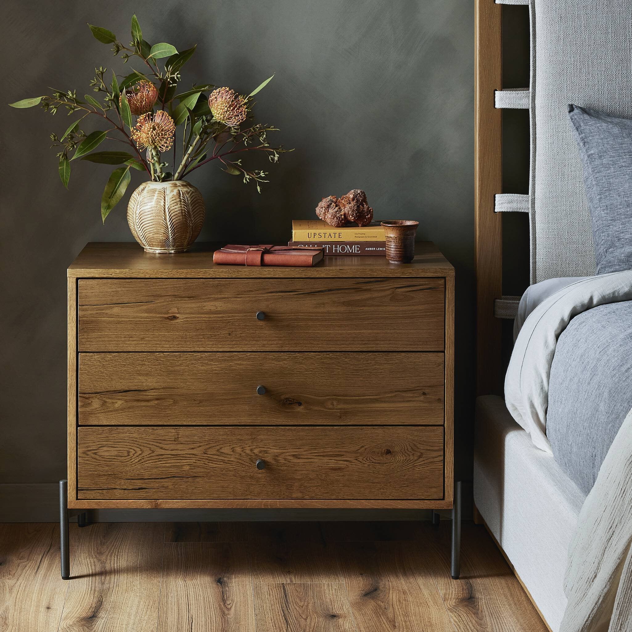 Four Hands Eaton Large Nightstand — Amber Oak Resin-Dark Gunmetal