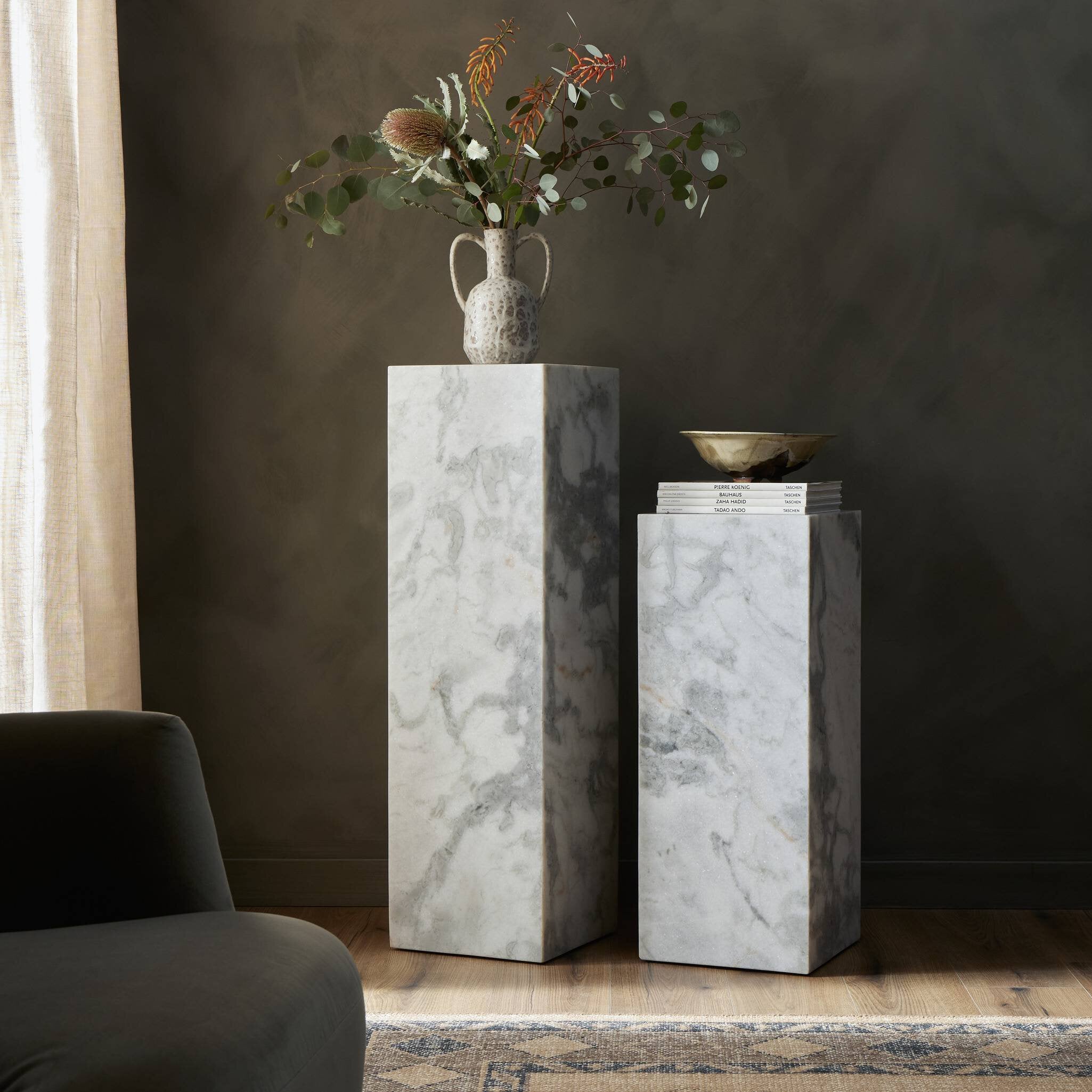 Four Hands Modern Marble Pedestal — White & Grey Speckled Marble