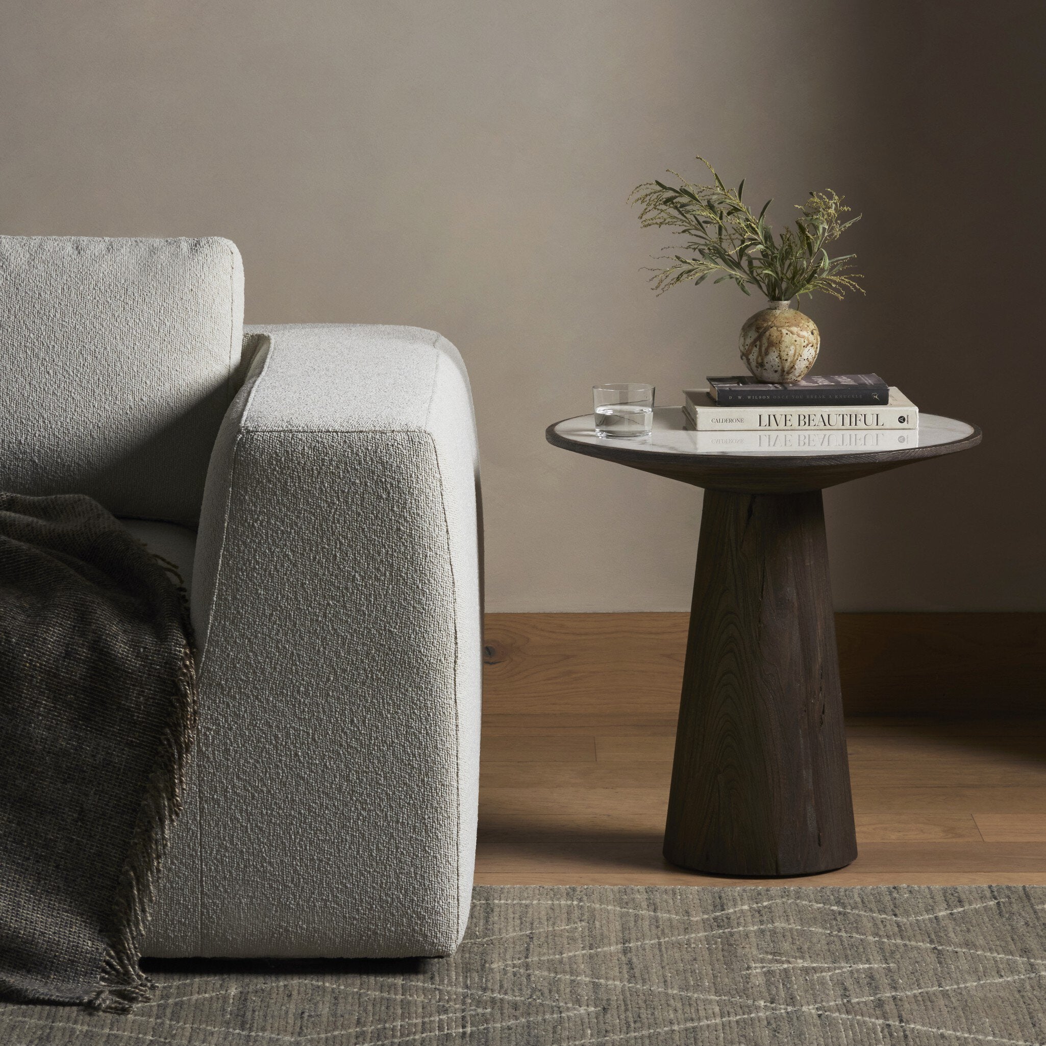 Four Hands Skye End Table — White Marble-Weathered Dark Oak-Weathered Dark Elm