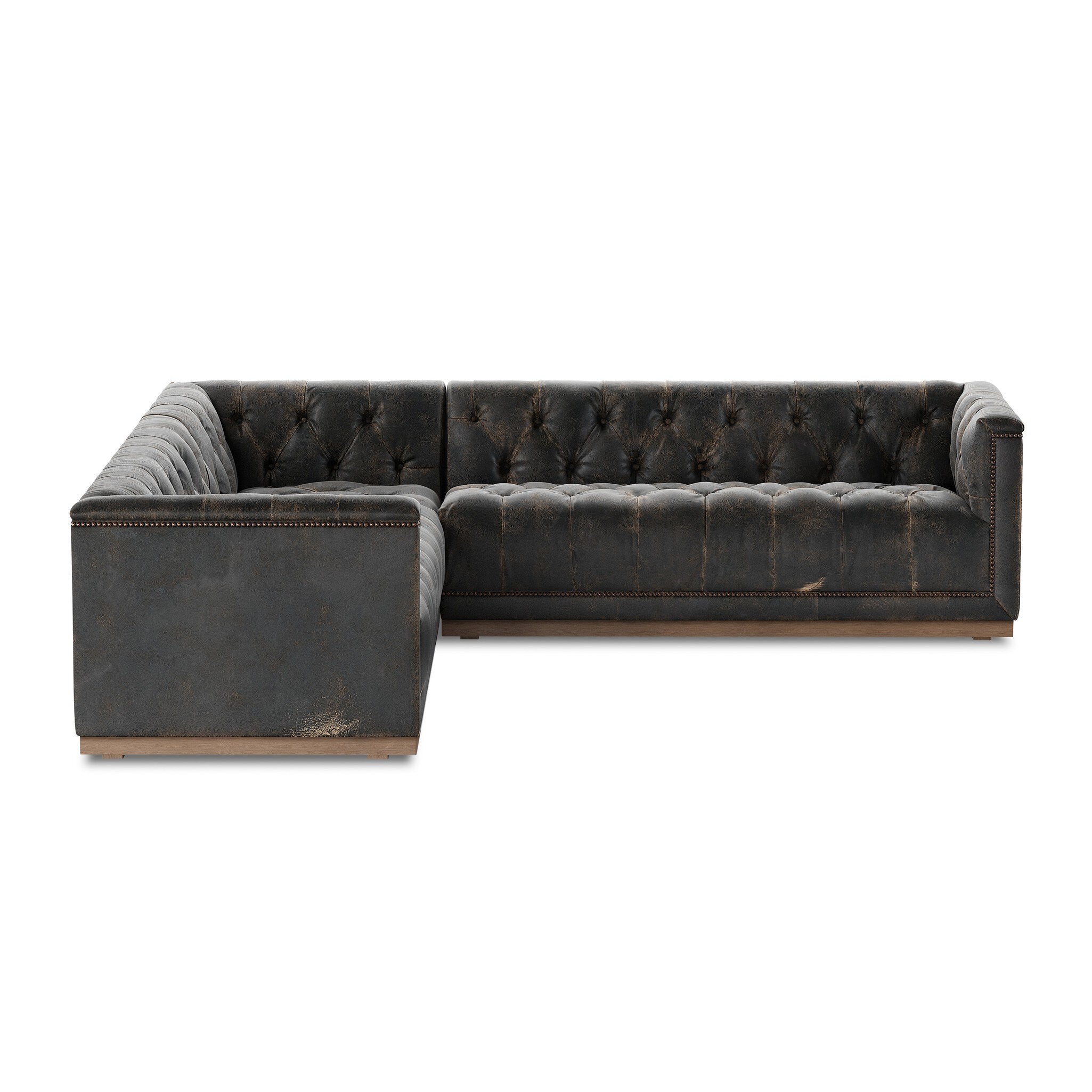 Four Hands Maxx 3-Piece Sectional — Destroyed Black-Whitewash-Aged Bronze Nailhead