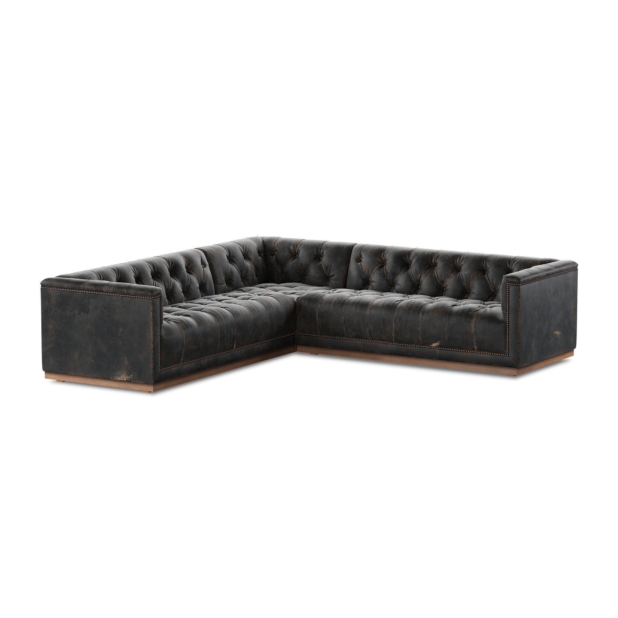 Four Hands Maxx 3-Piece Sectional — Destroyed Black-Whitewash-Aged Bronze Nailhead