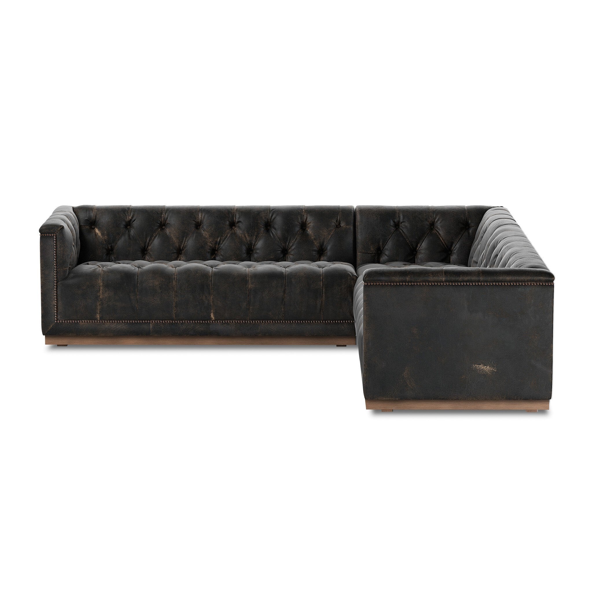 Four Hands Maxx 3-Piece Sectional — Destroyed Black-Whitewash-Aged Bronze Nailhead
