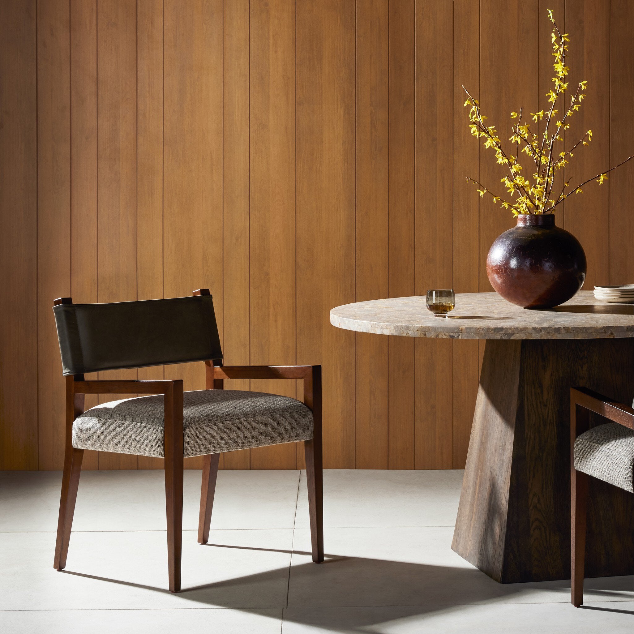 Four Hands Ferris Dining Armchair — Nubuck Charcoal-Tulsa Ink-Antique Sable