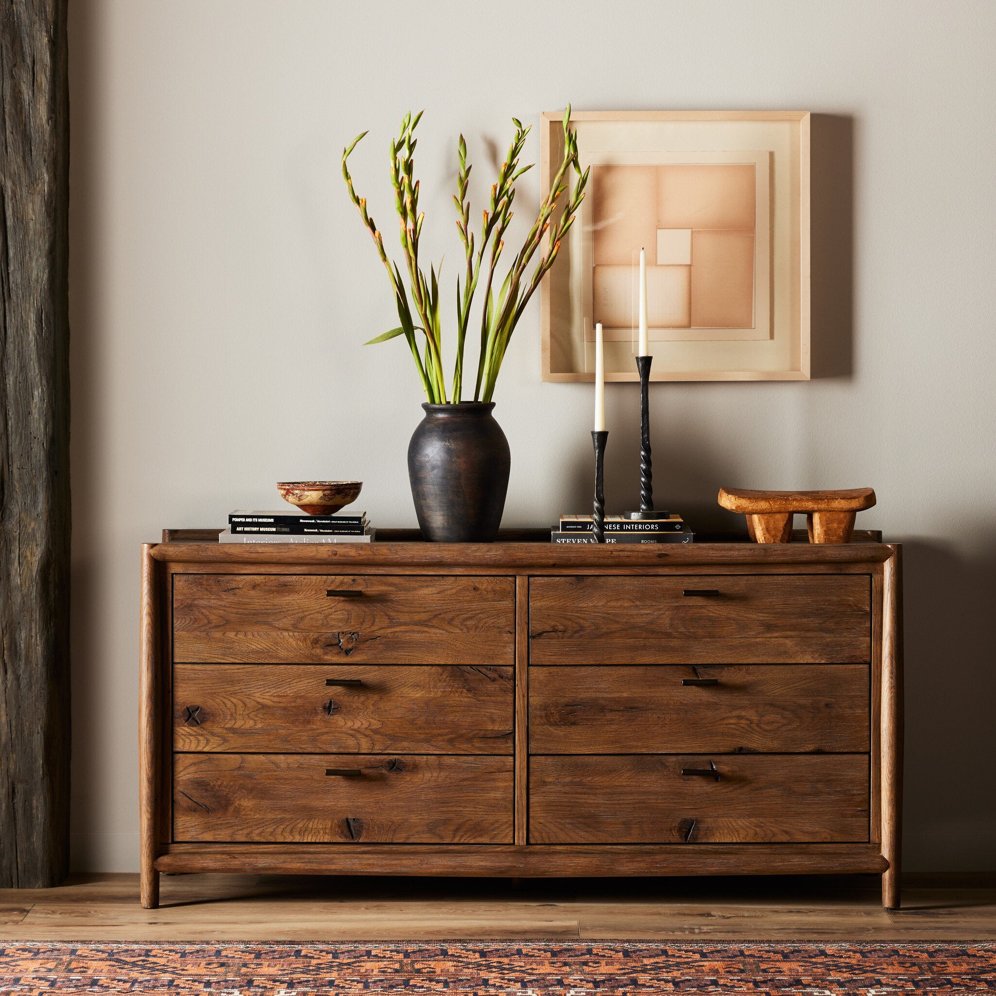 Four Hands Glenview 6 Drawer Dresser — Weathered Oak-Weathered Oak Veneer-Aged Bronze