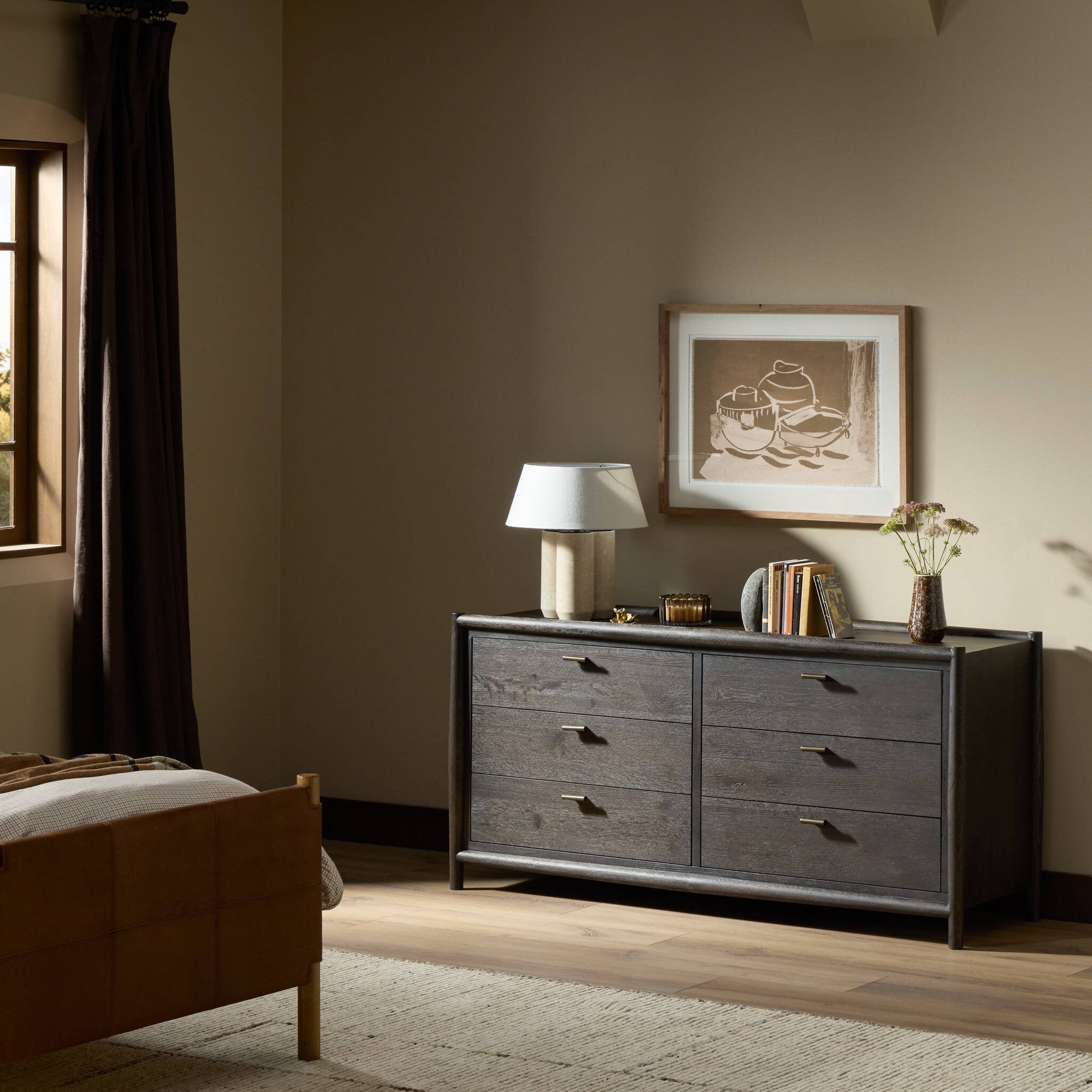 Four Hands Glenview 6 Drawer Dresser — Smoked Black Oak-Smoked Black Resawn Oak-Aged Bronze