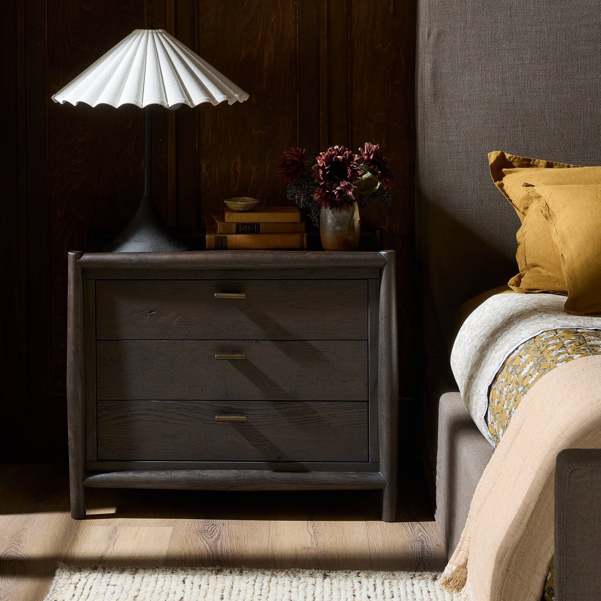 Four Hands Glenview Nightstand — Smoked Black Oak-Smoked Black Resawn Oak-Aged Bronze