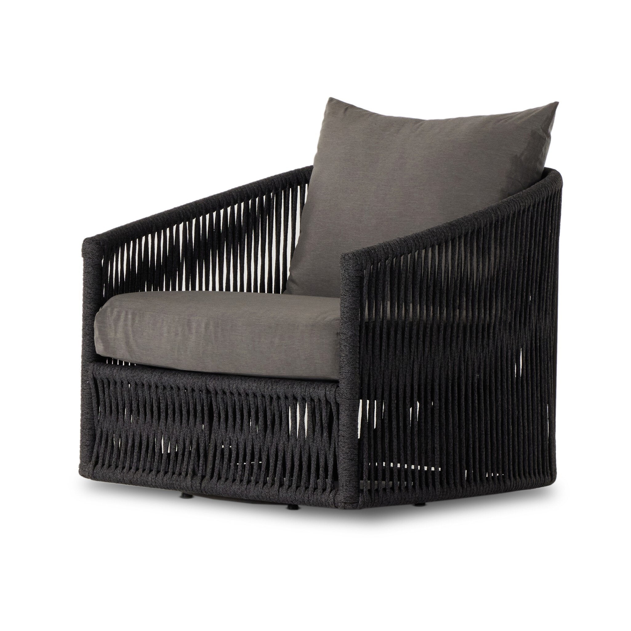 Four Hands Porto Outdoor Swivel Chair — Bronze-Venao Charcoal-Thick Dark Grey Rope