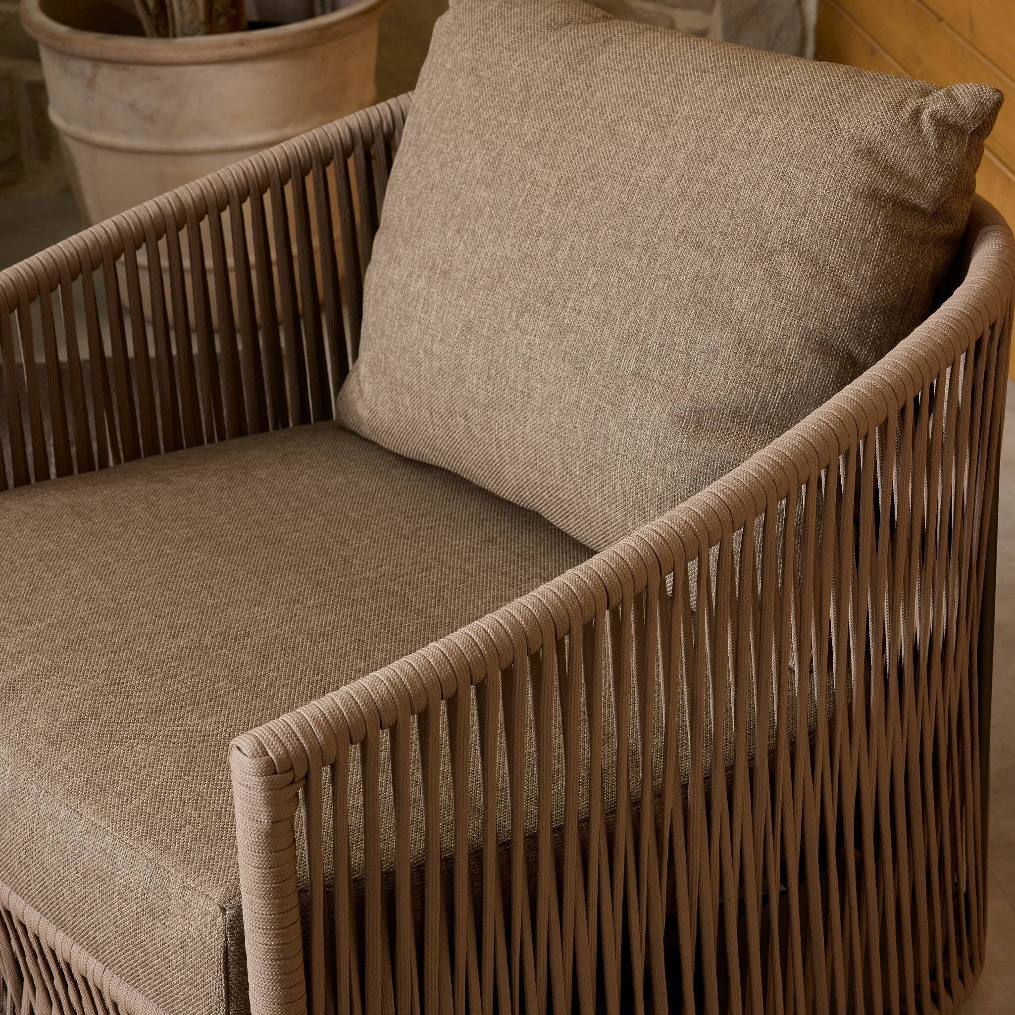 Four Hands Porto Outdoor Swivel Chair — Bronze-Ellor Brown-Khaki Rope