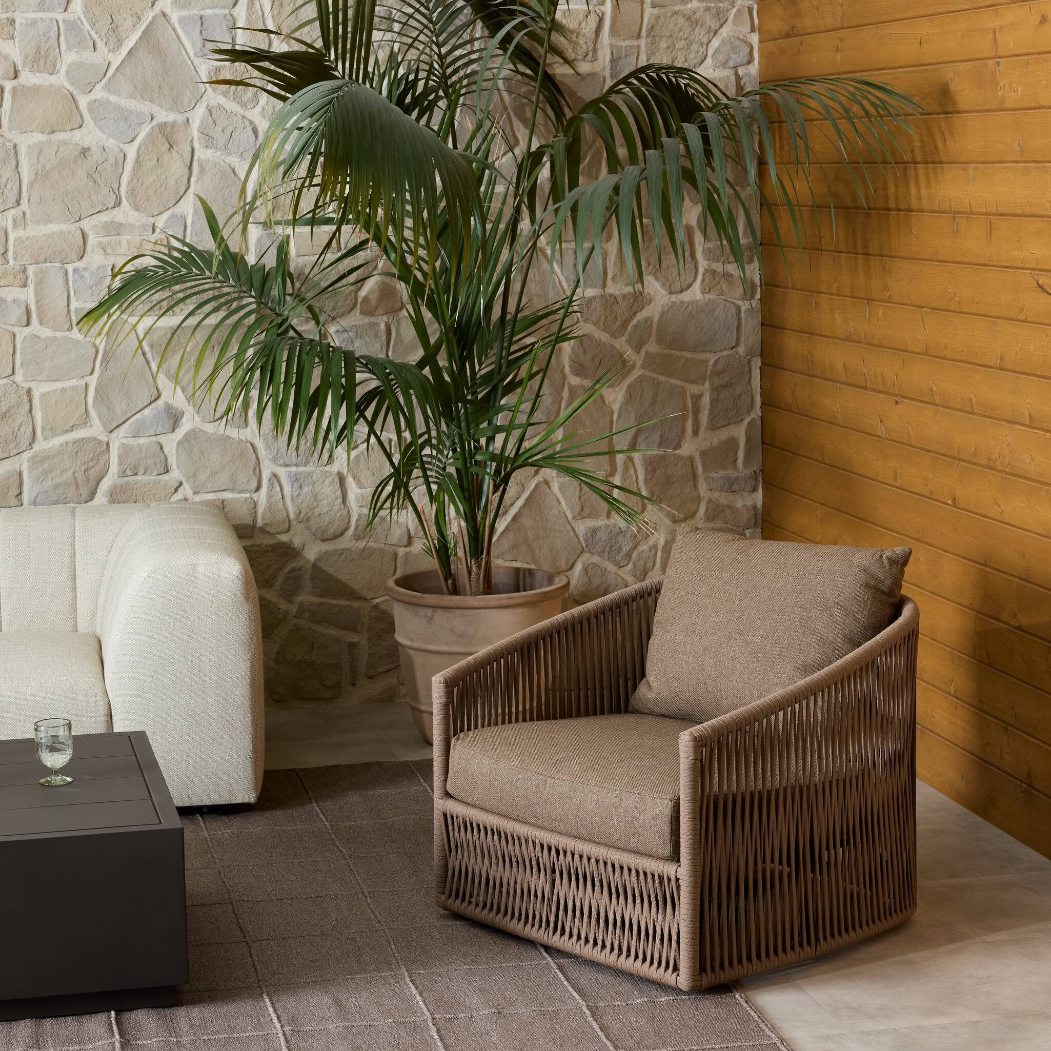 Four Hands Porto Outdoor Swivel Chair — Bronze-Ellor Brown-Khaki Rope