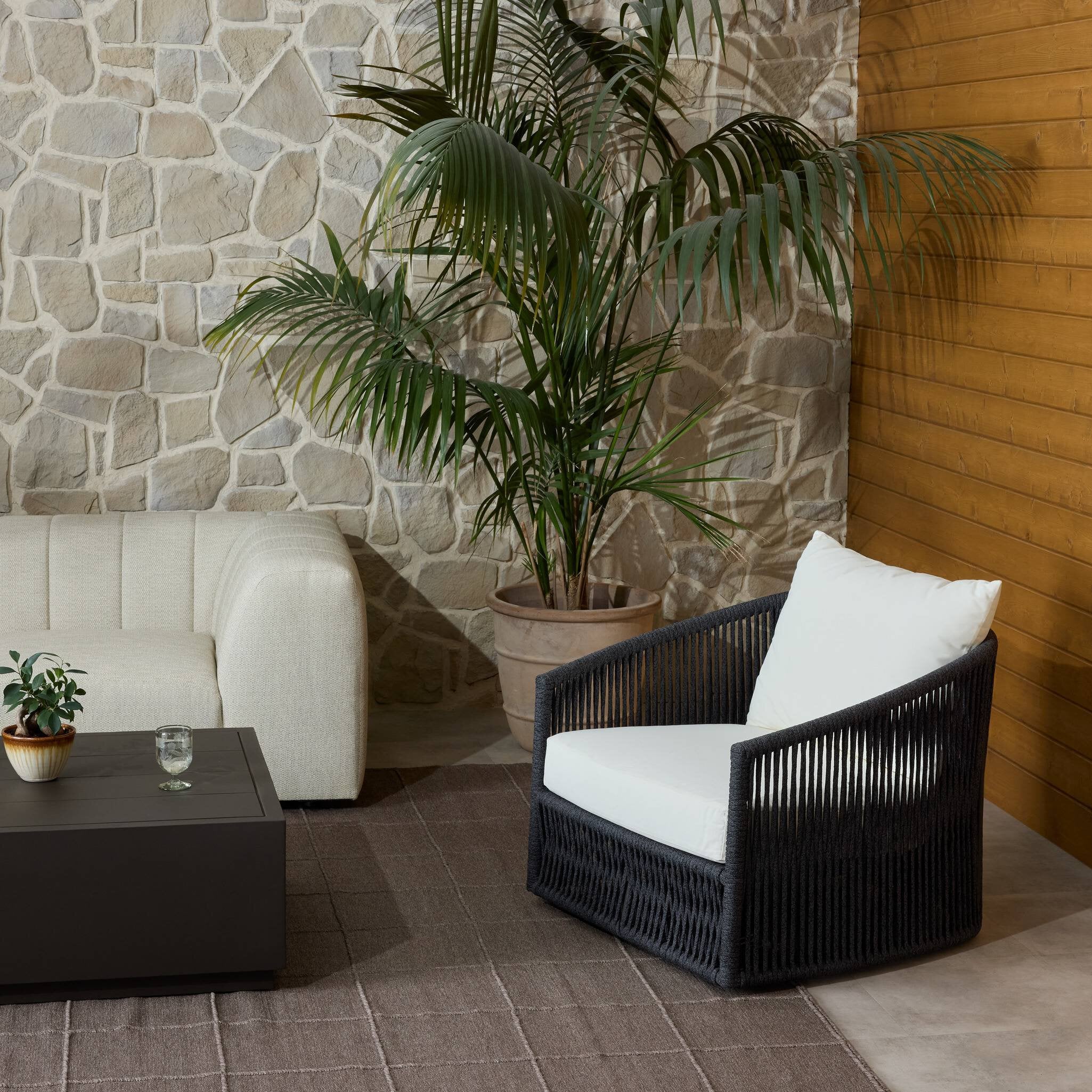 Four Hands Porto Outdoor Swivel Chair — Bronze-Arashi Salt-Thick Dark Grey Rope