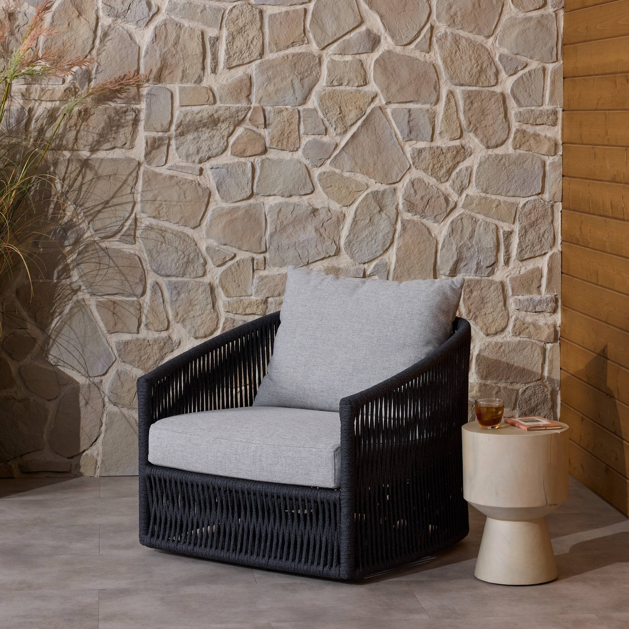 Four Hands Porto Outdoor Swivel Chair — Bronze-Alessi Slate-Thick Dark Grey Rope