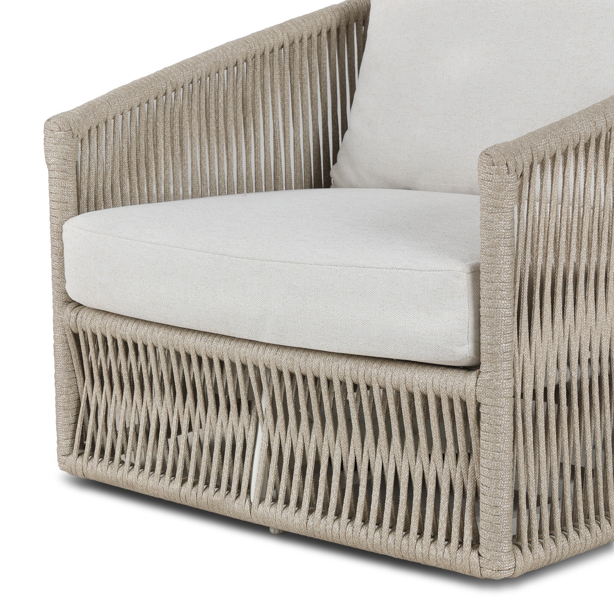 Four Hands Porto Outdoor Swivel Chair — White Aluminum-Alessi Linen-Ivory Rope