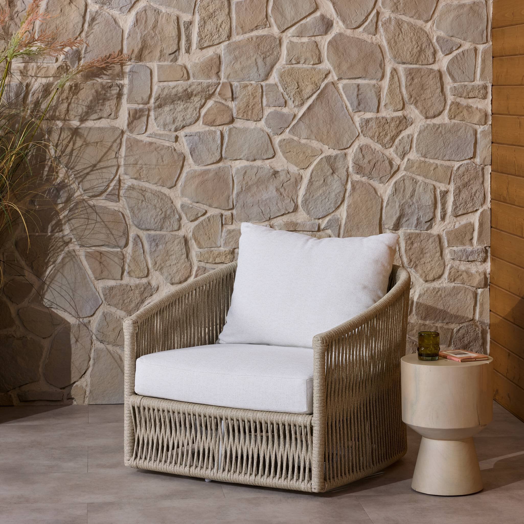 Four Hands Porto Outdoor Swivel Chair — White Aluminum-Alessi Linen-Ivory Rope