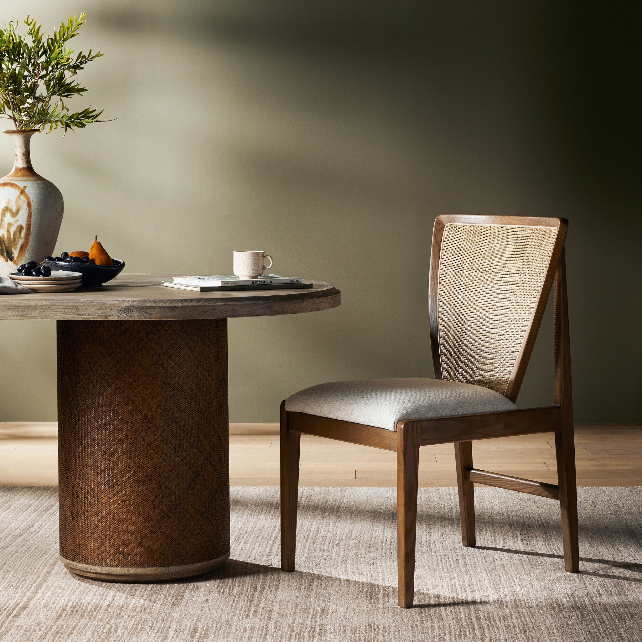 Four Hands Alida Dining Chair — Alcala Cream-Warm Ash-Natural Crosshatch Cane