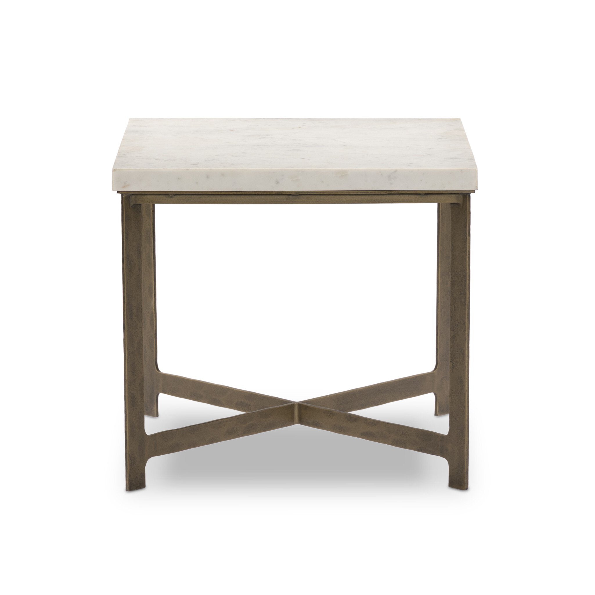 Four Hands Hammered Iron End Table — White Marble-Hammered Antique Brass