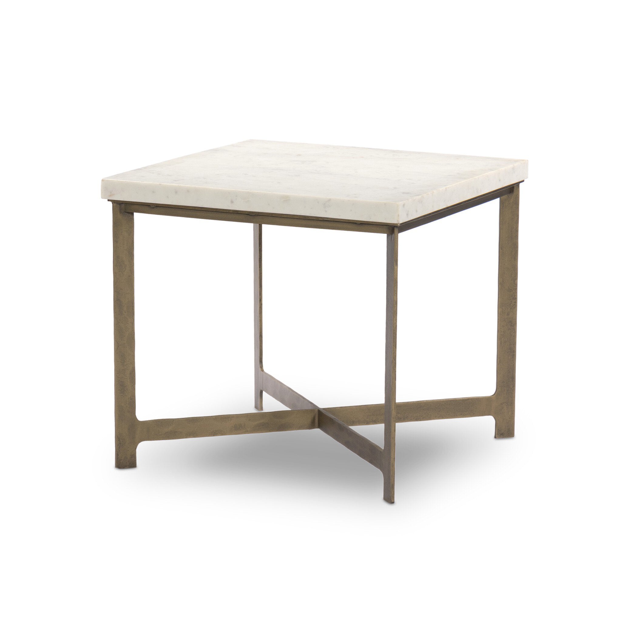 Four Hands Hammered Iron End Table — White Marble-Hammered Antique Brass