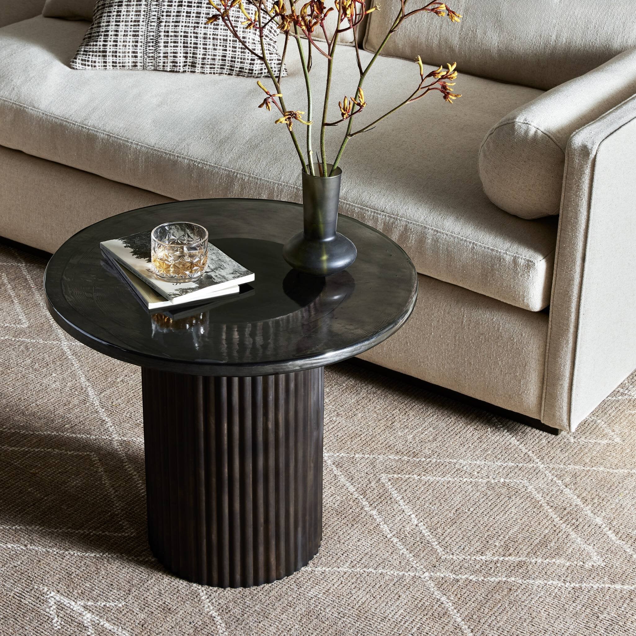 Four Hands Ruben End Table — Smoked Black Cast Glass-Rustic Brown