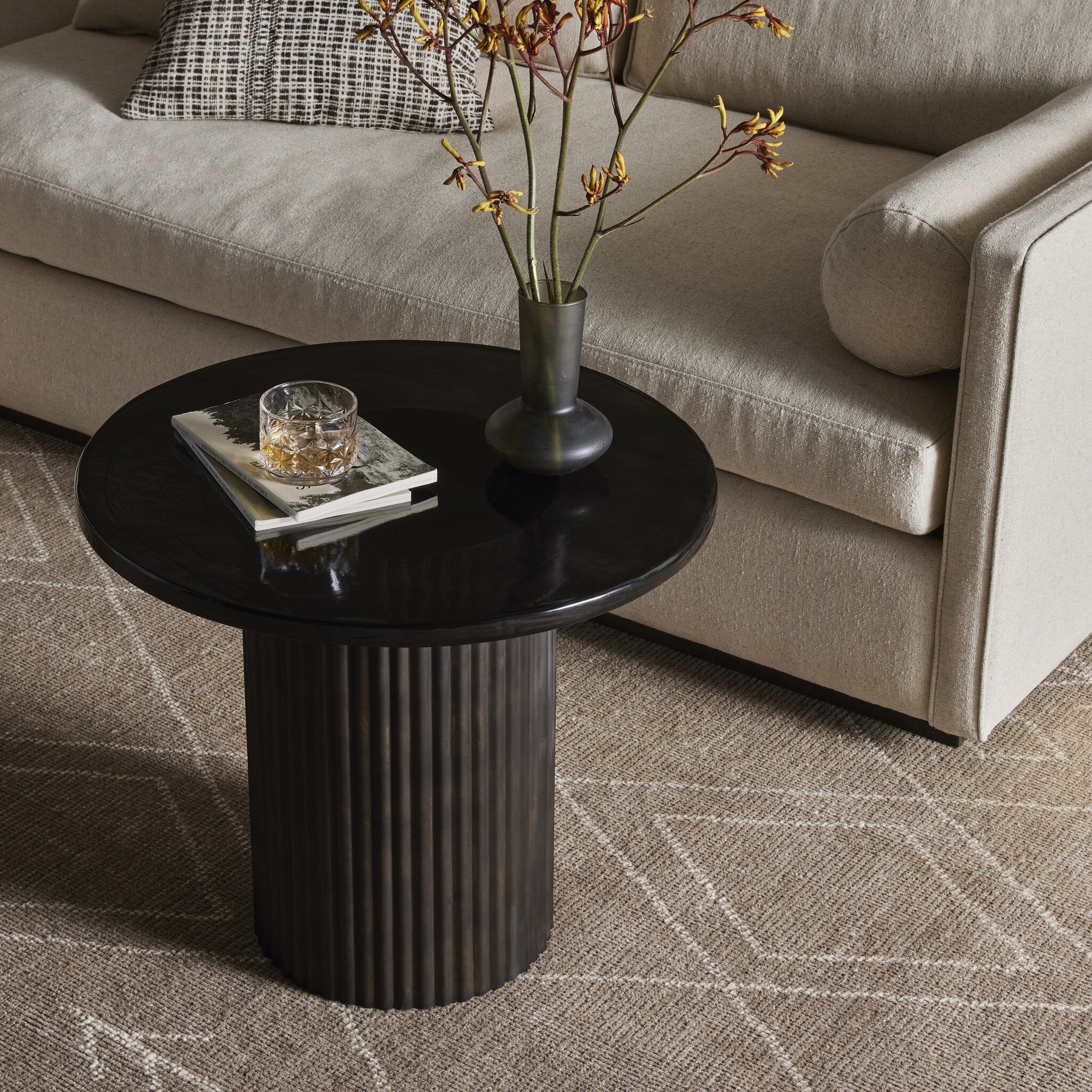 Four Hands Ruben End Table — Smoked Black Cast Glass-Rustic Brown