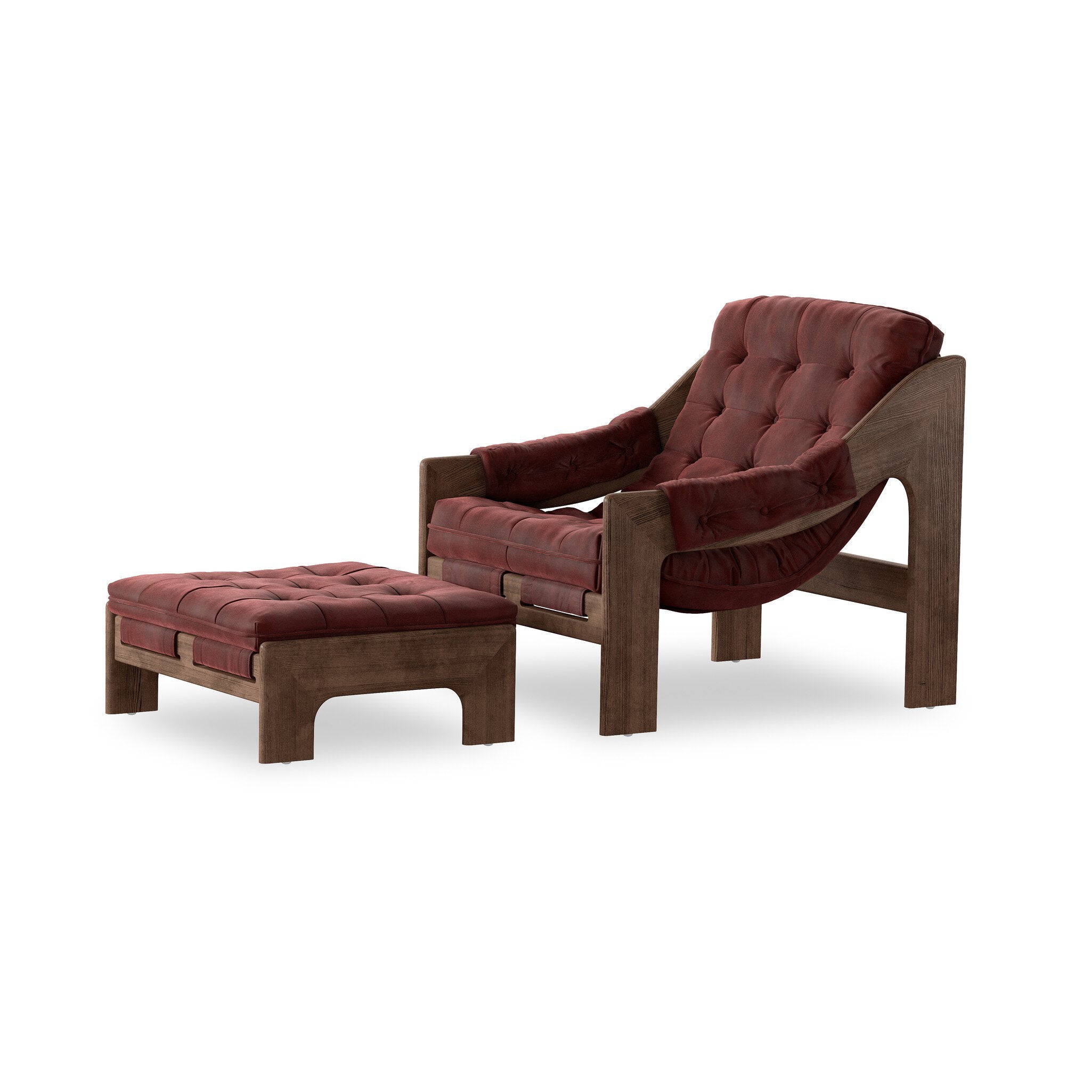 Four Hands Halston Chair With Ottoman — Nubuck Burgundy-Terra Brown Ash