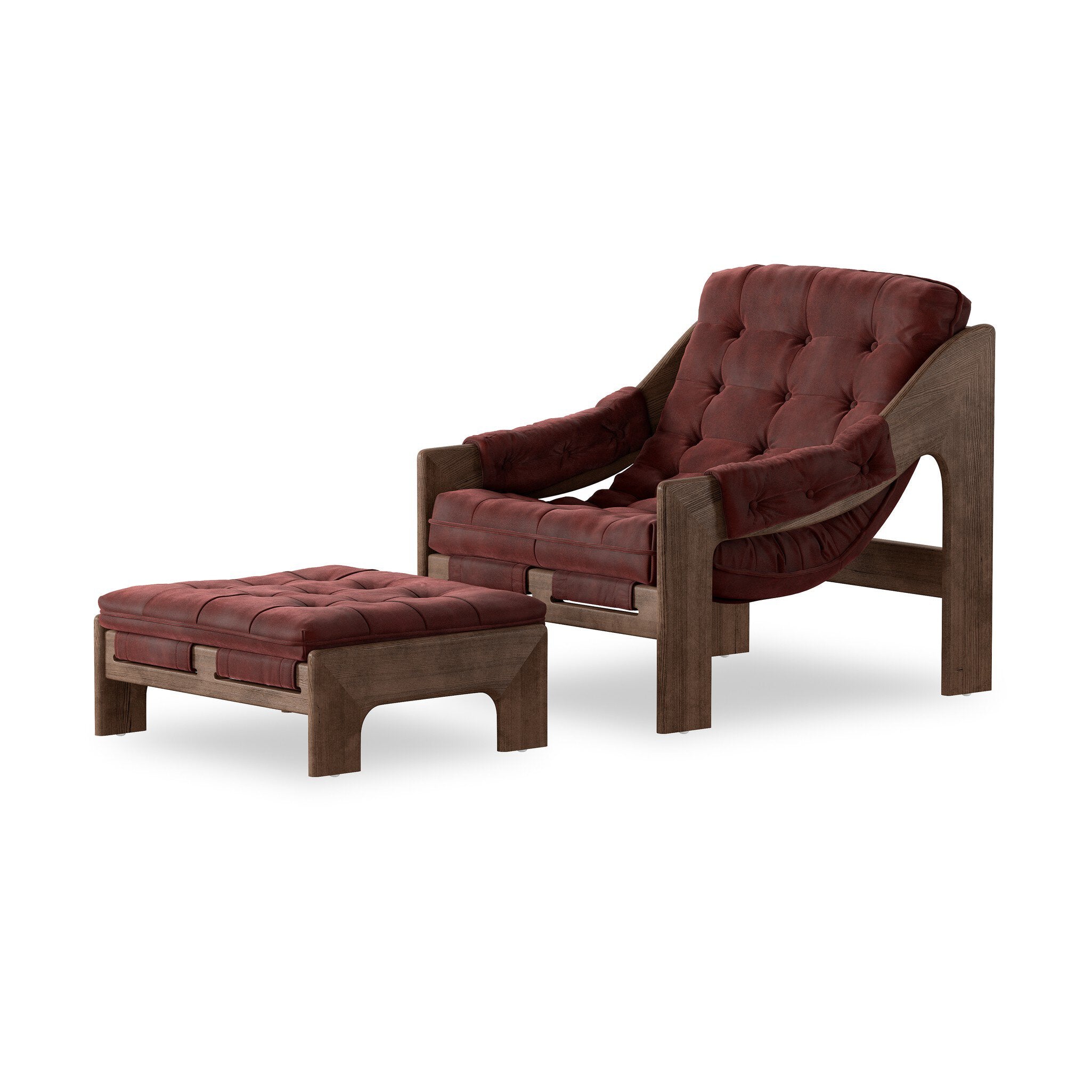 Four Hands Halston Chair With Ottoman — Nubuck Burgundy-Terra Brown Ash