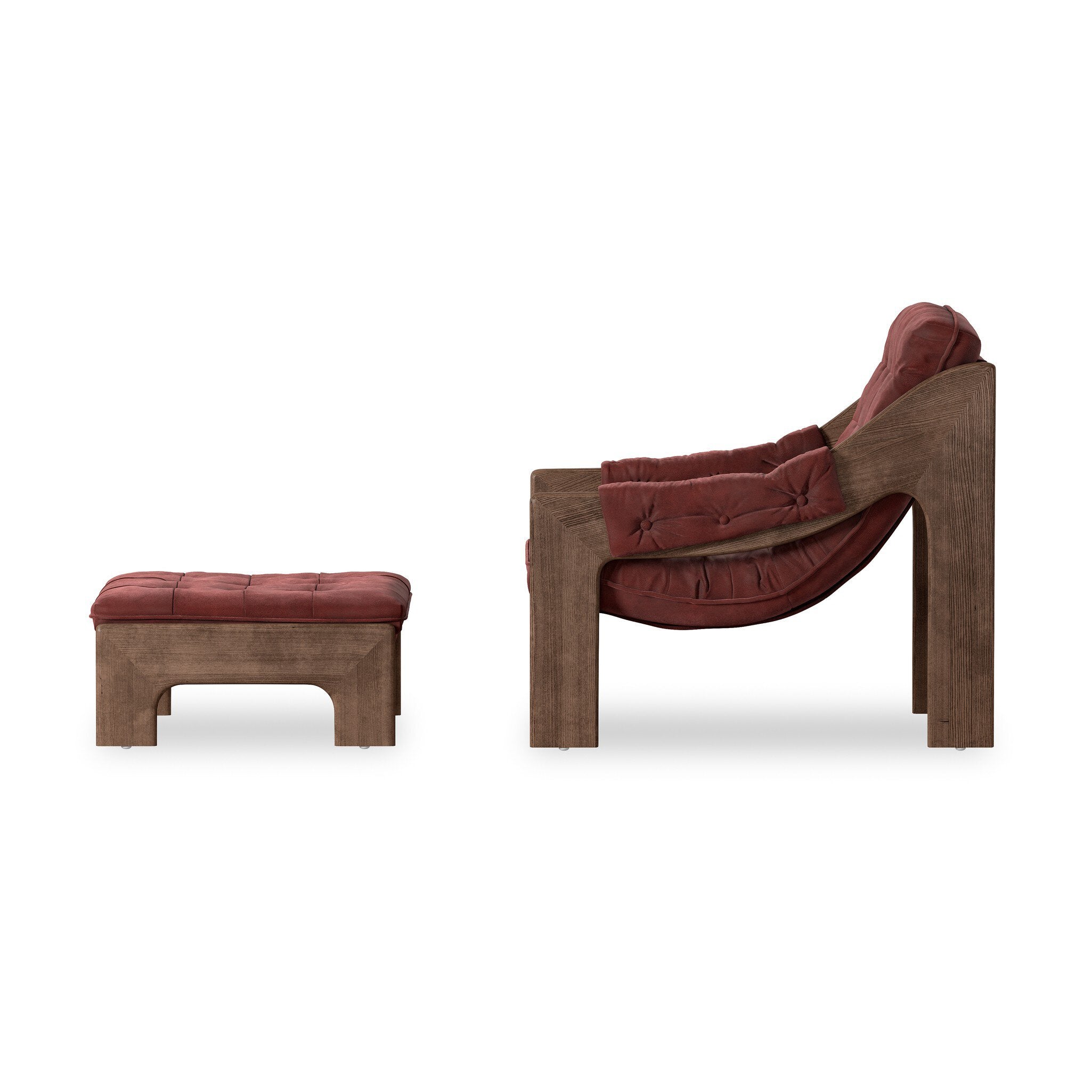 Four Hands Halston Chair With Ottoman — Nubuck Burgundy-Terra Brown Ash