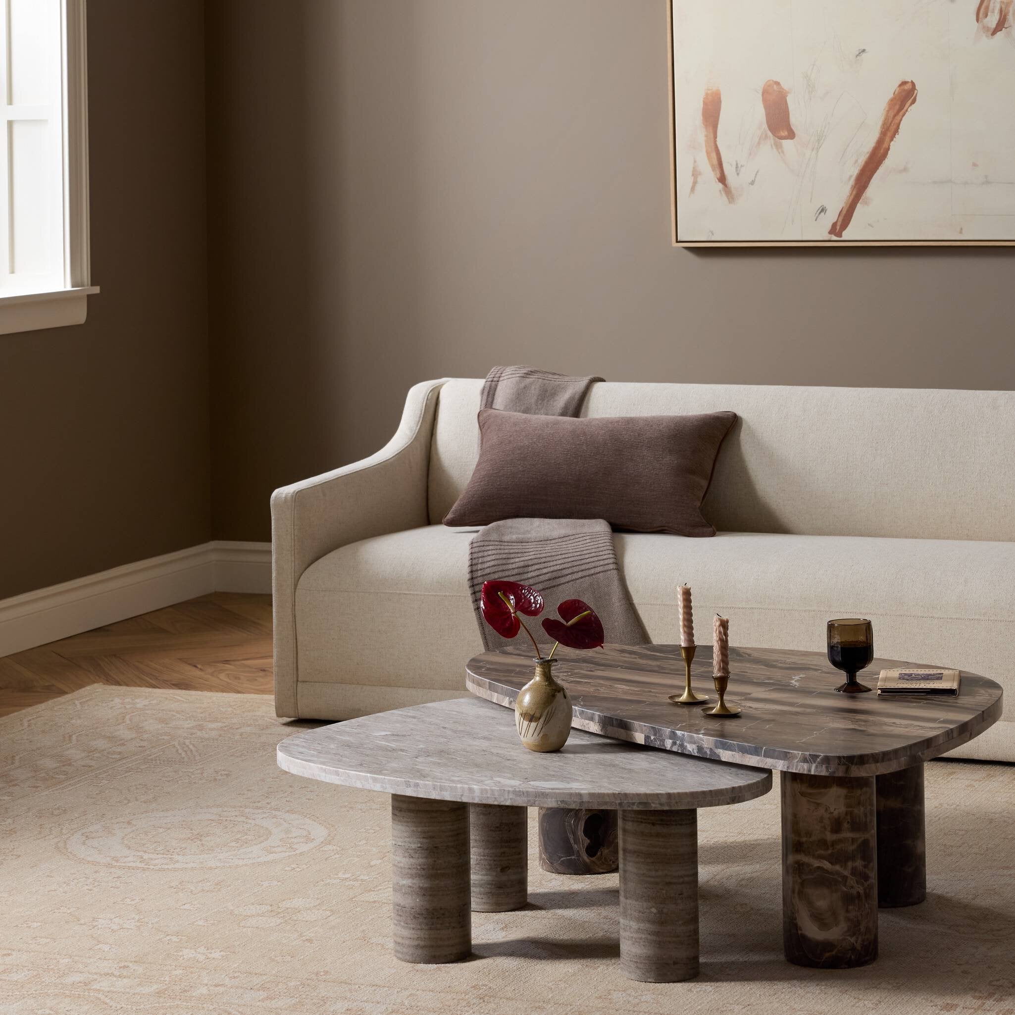 Four Hands Zion Nesting Coffee Tables — Rocky Brown Marble-Antique White Marble