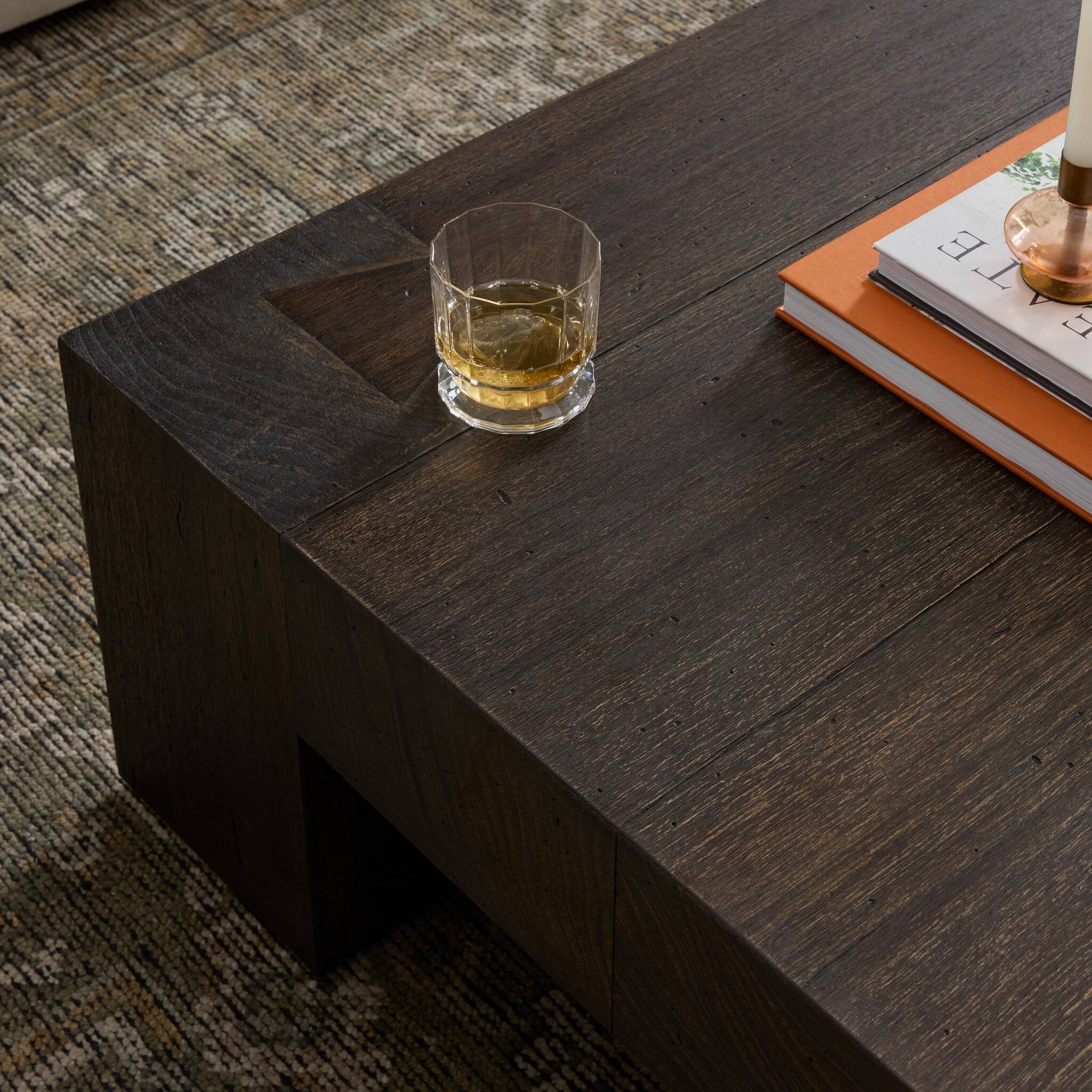 Four Hands Abaso Rectangular Coffee Table — Ebony Rustic Wormwood Oak