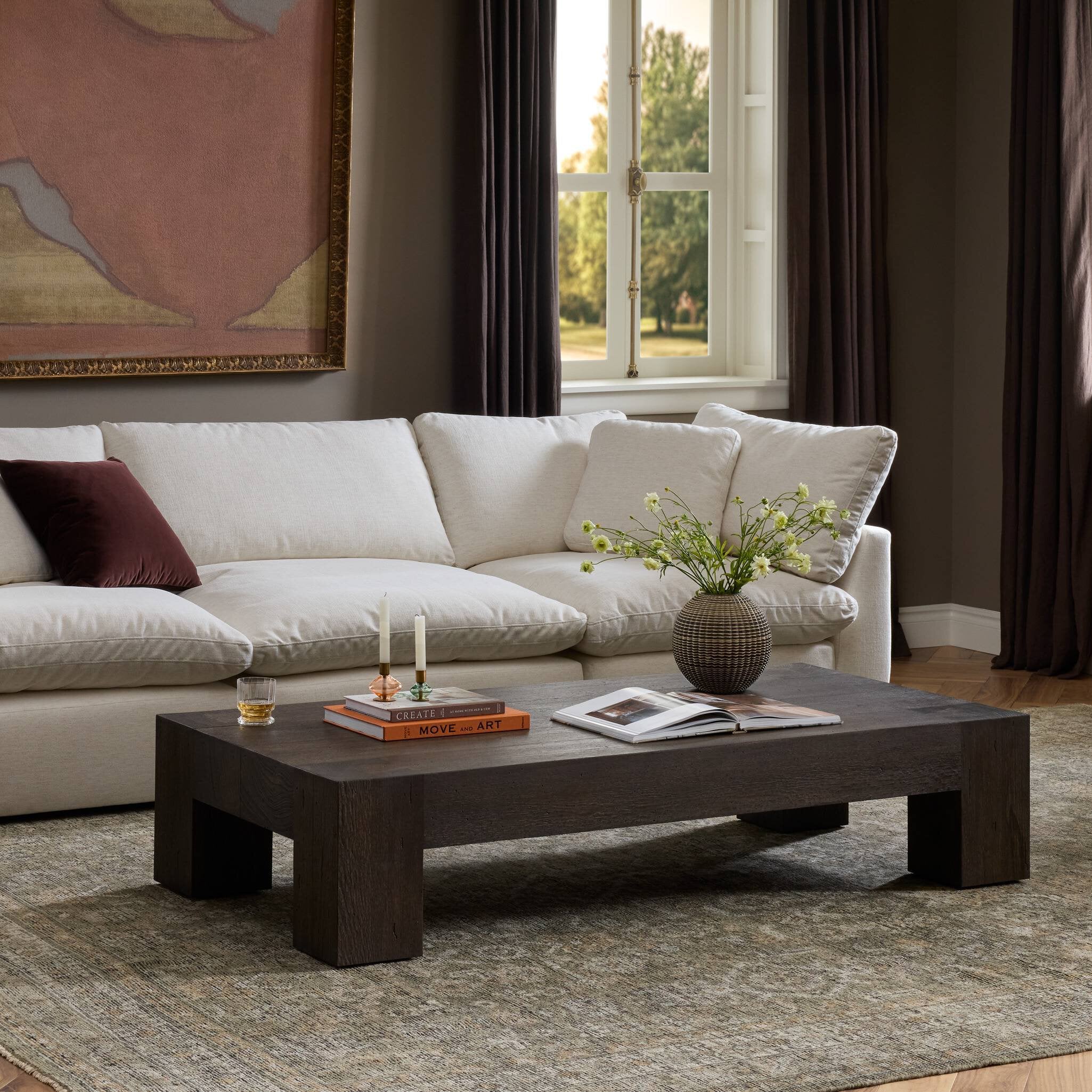 Four Hands Abaso Rectangular Coffee Table — Ebony Rustic Wormwood Oak