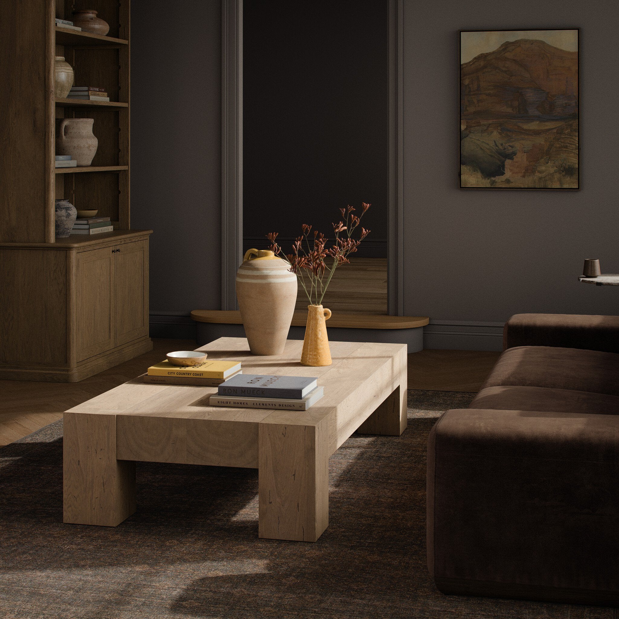Four Hands Abaso Rectangular Coffee Table — Whitewash Rustic Wormwood Oak-Smoked Oak Veneer