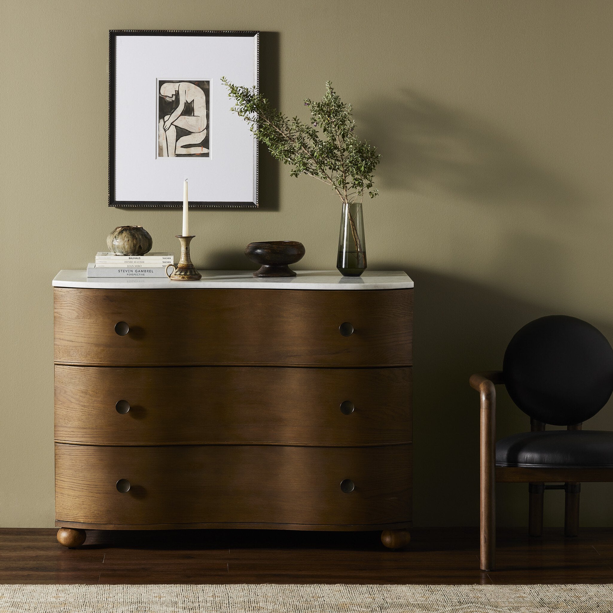 Four Hands Tiago Marble Chest — Toasted Oak-Glossy White Marble-Aged Brass