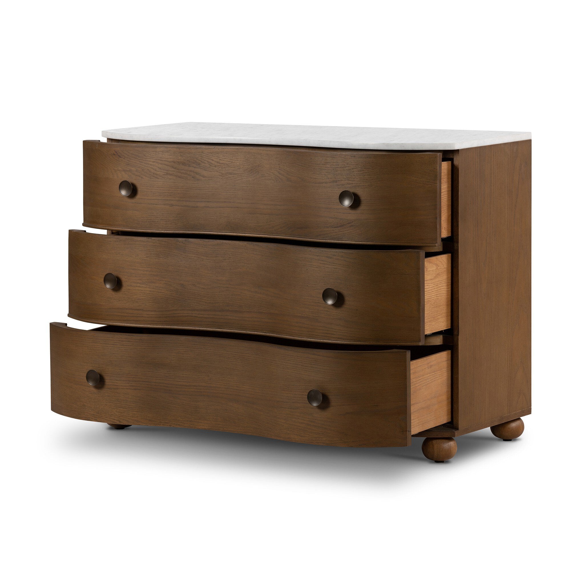 Four Hands Tiago Marble Chest — Toasted Oak-Glossy White Marble-Aged Brass