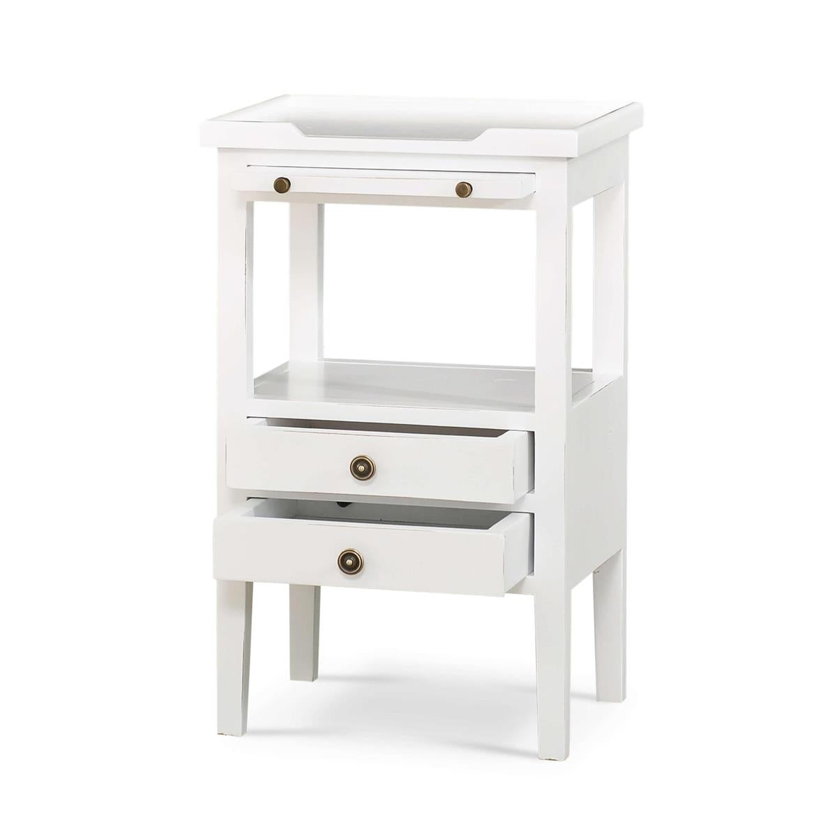 Bramble Eton 2 Drawer Side Table w/ Pull Out Shelf — Architectural White / Light Distressed