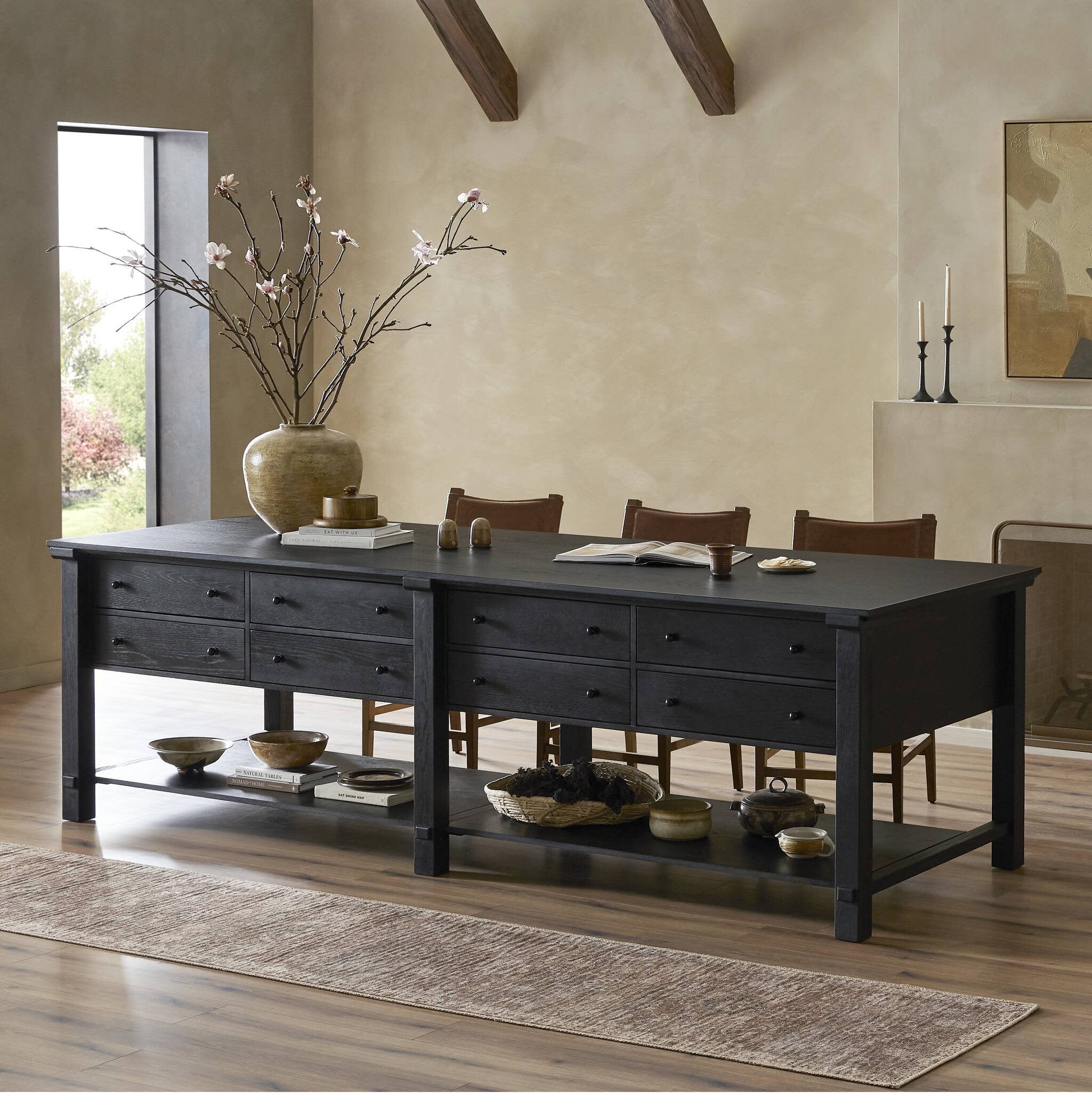 Four Hands Gardendale Kitchen Island — Stained Black Oak-Stained Black Oak Veneer-Black Iron