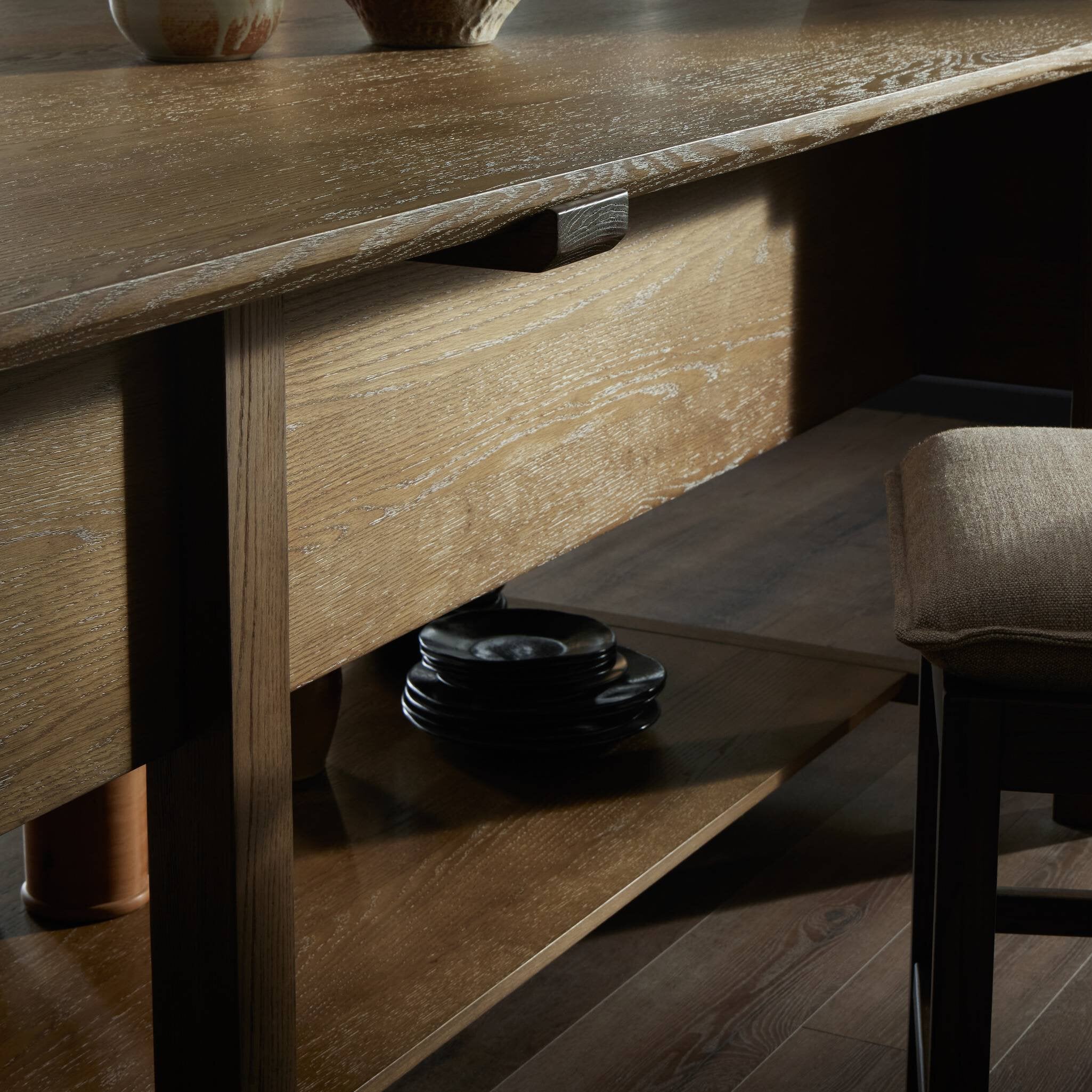 Four Hands Gardendale Kitchen Island — Tan Oak-Tan Oak Veneer-Black Iron