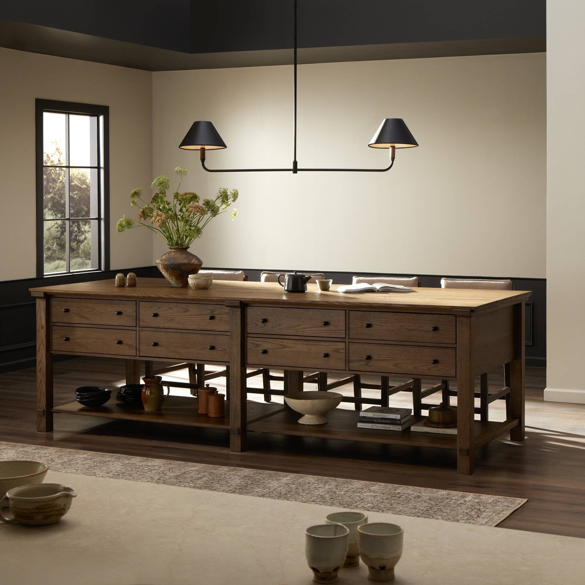 Four Hands Gardendale Kitchen Island — Tan Oak-Tan Oak Veneer-Black Iron