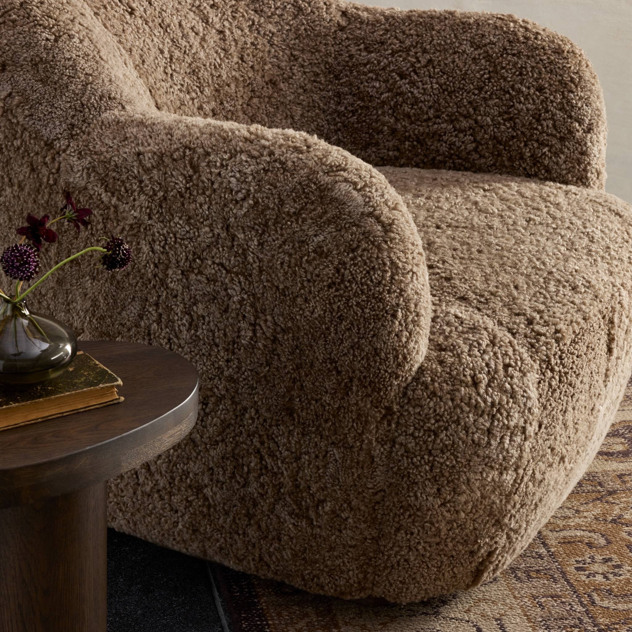 Four Hands Julius Swivel Chair — Taupe Shearling-Sienna Brown