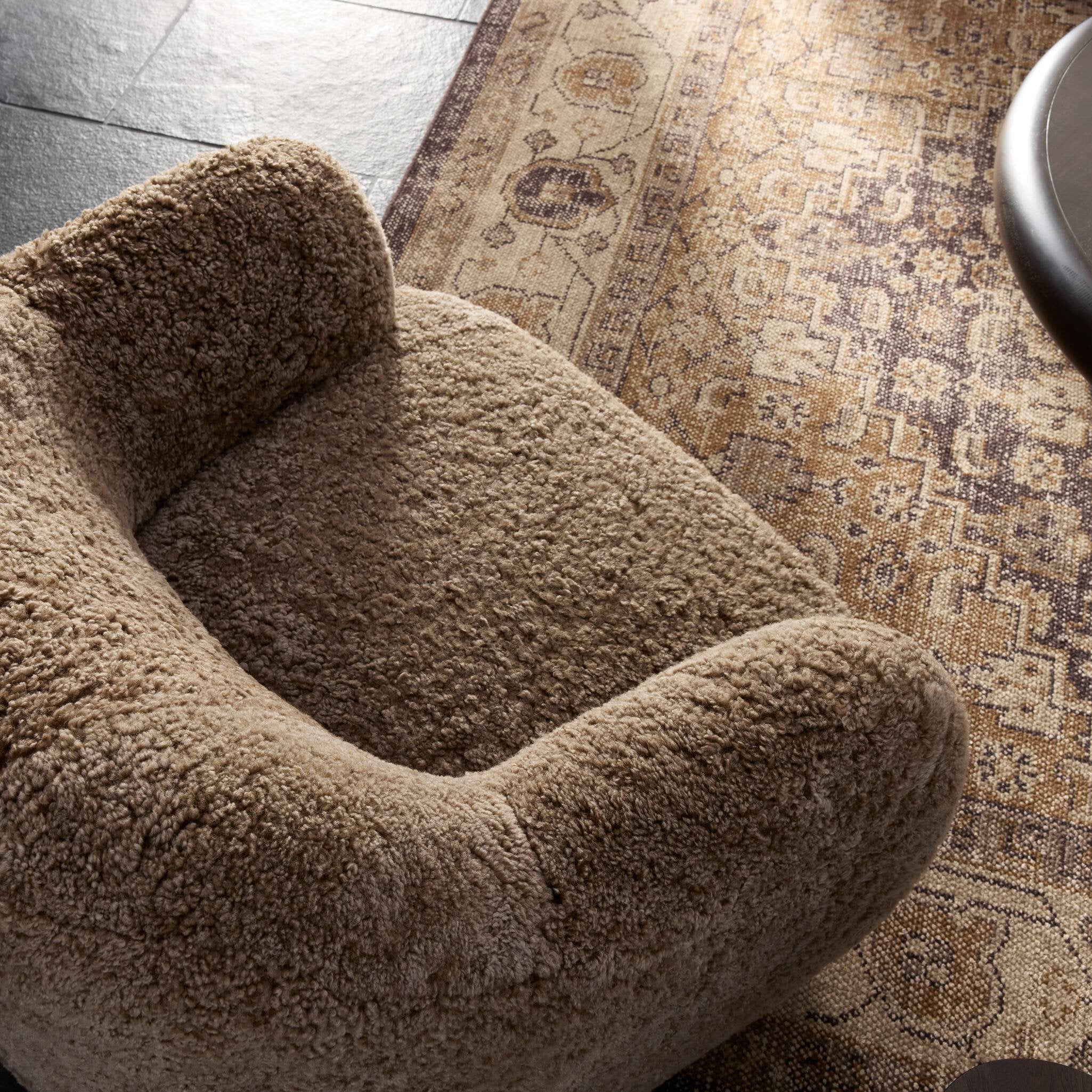 Four Hands Julius Swivel Chair — Taupe Shearling-Sienna Brown