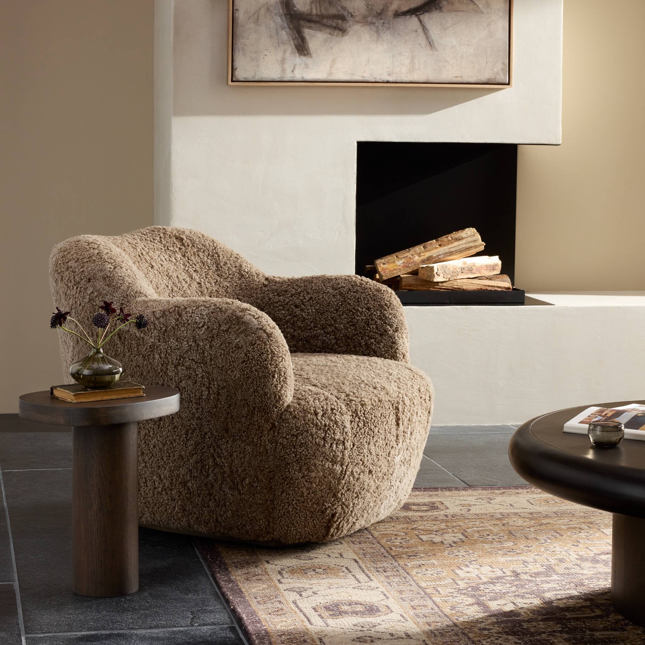 Four Hands Julius Swivel Chair — Taupe Shearling-Sienna Brown