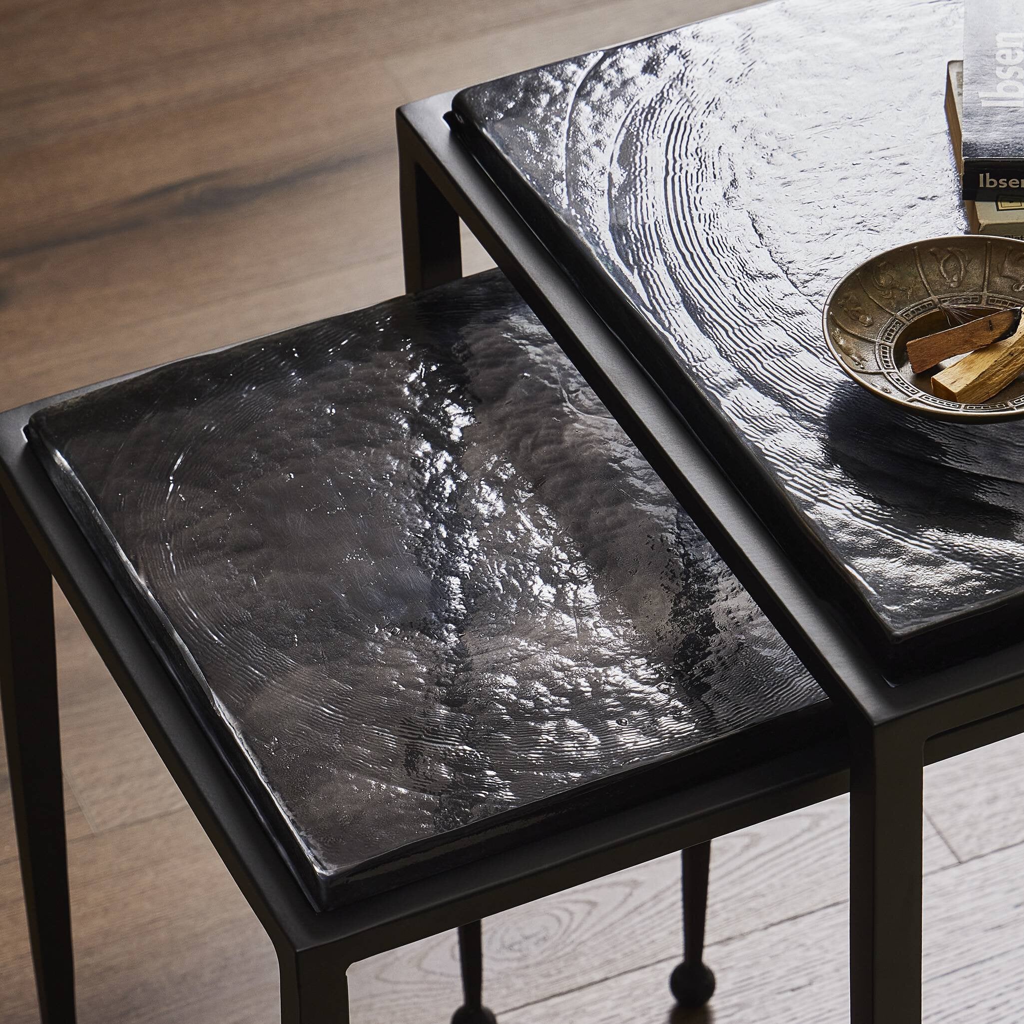 Four Hands Dalston Nesting End Table Set — Smoked Black Cast Glass-Iron Matte Black