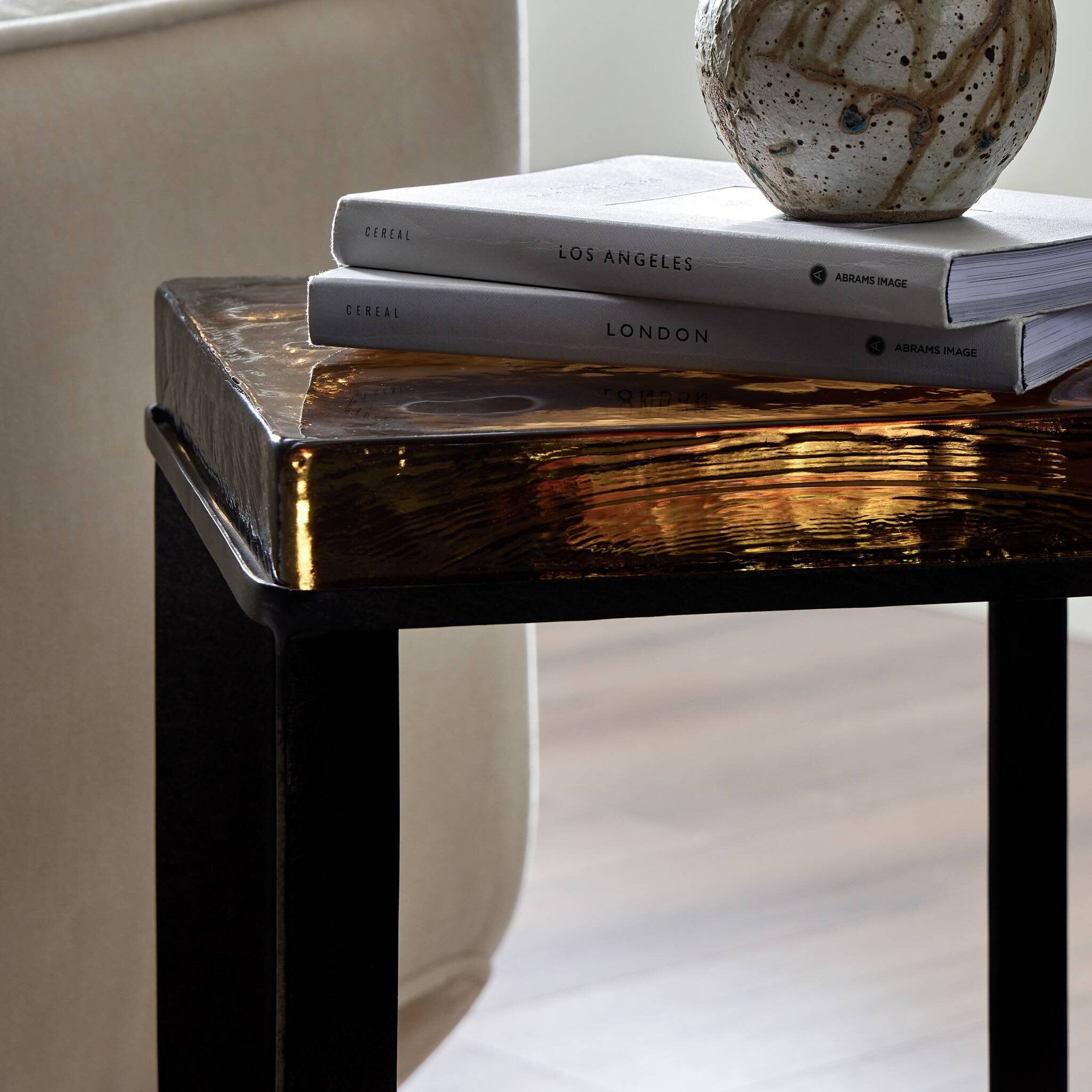 Four Hands Lennie Cast Glass End Table — Amber Cast Glass-Burnished Charcoal